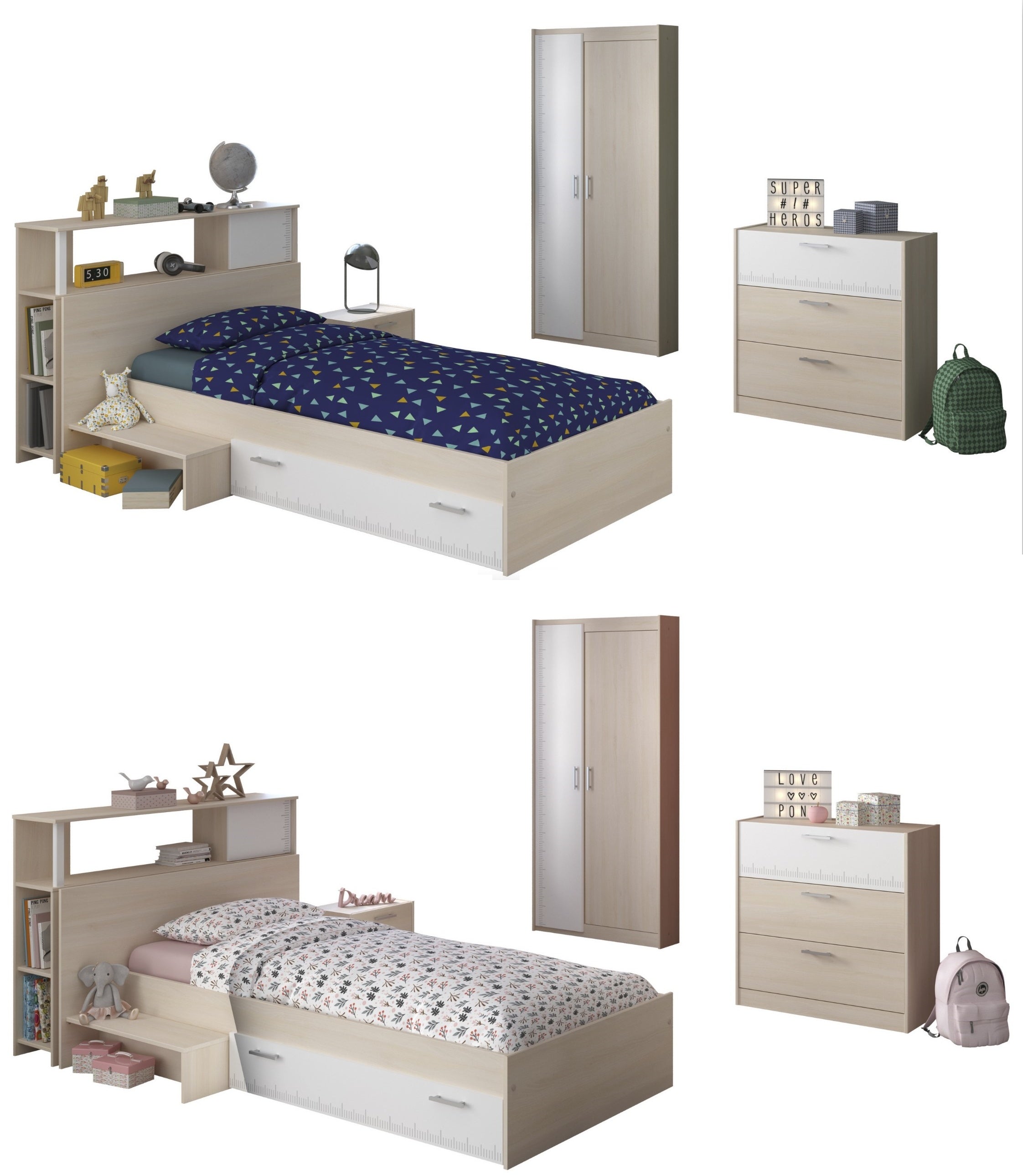 Jugendzimmer Charly 16 Parisot 4-teilig Bett 90*200 cm mit 2-türigem Kleiderschrank Akazie grau - weiß