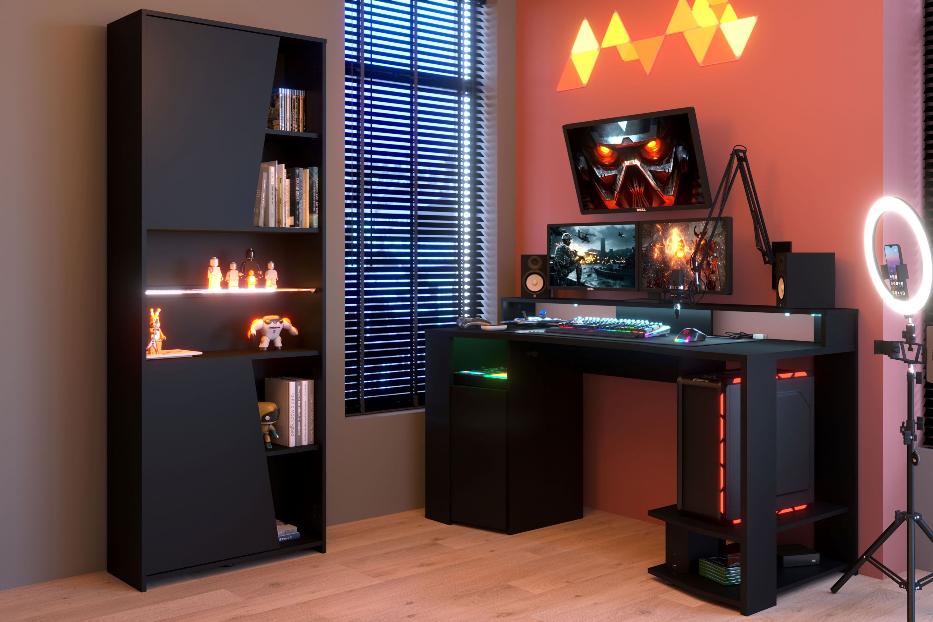 Gamer Set Gaming 2 Parisot 2-tlg. Schreibtisch 152 x 62 cm + Regal B 67cm schwarz LED Beleuchtung