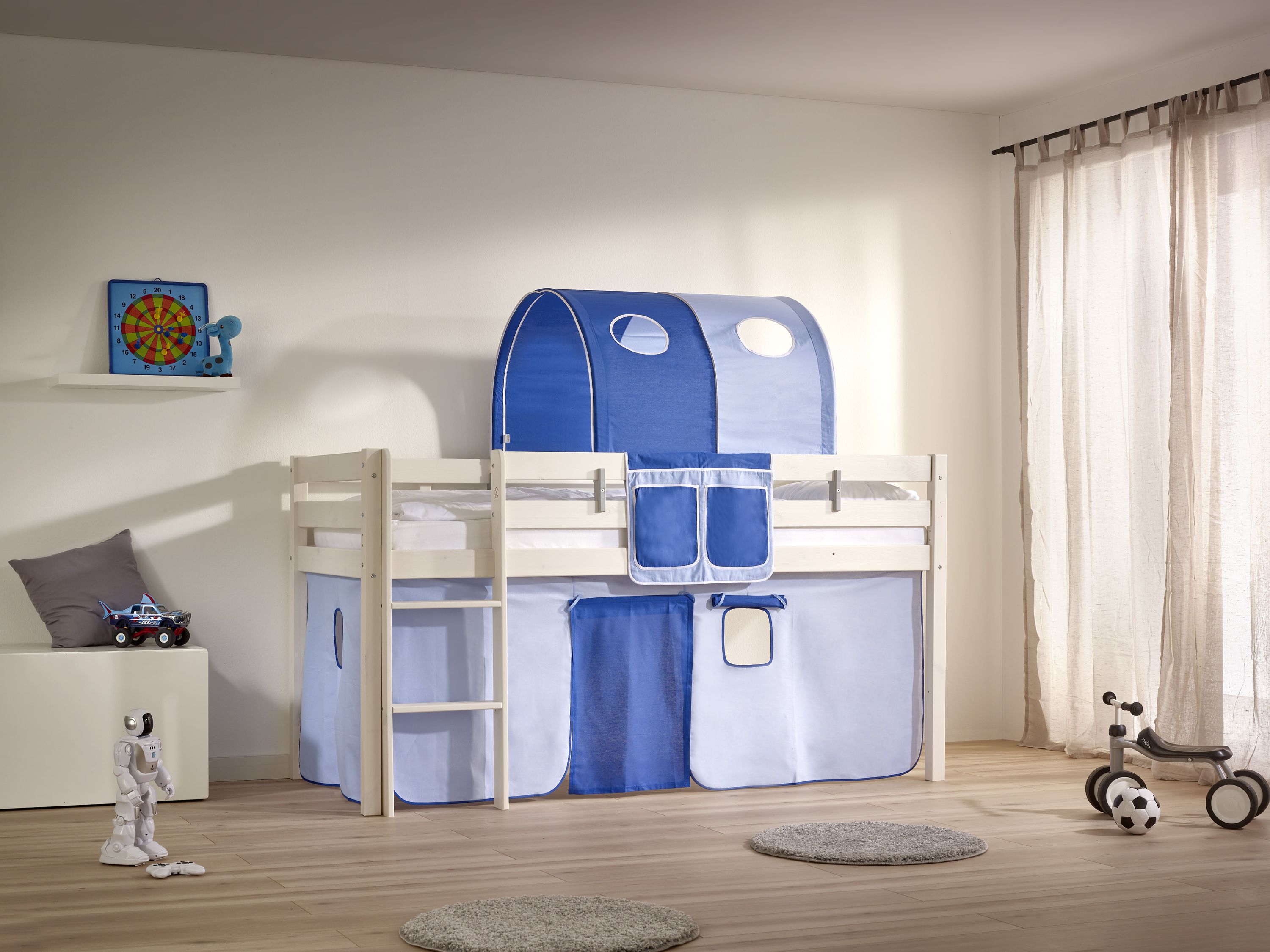 Bett-Tasche für Hoch- & Etagenbetten mit 2 Fächer 100% Baumwolle und bei 30° waschbar hellblau-dunkelblau