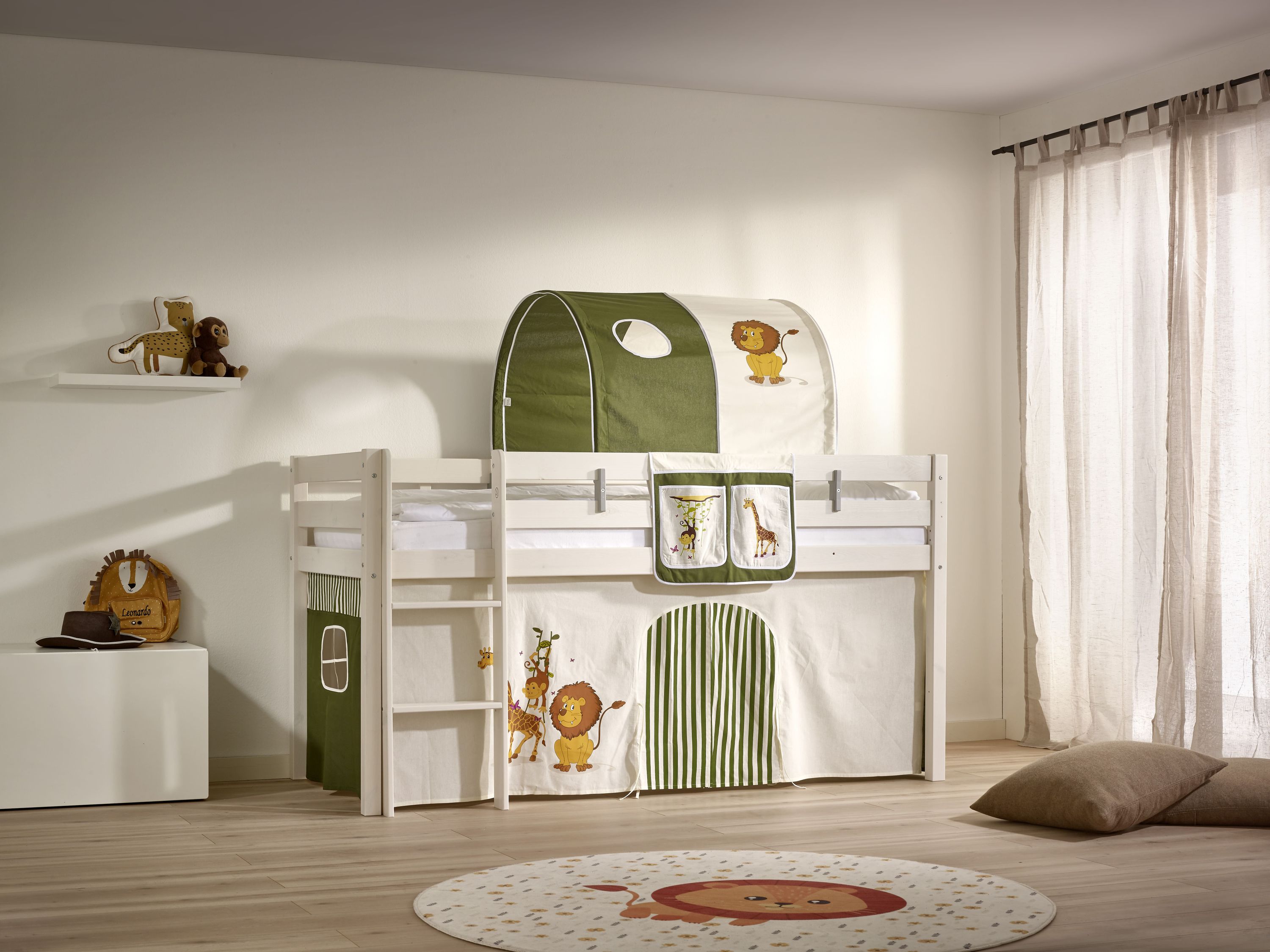 Bett-Tasche Safari für Hoch- & Etagenbetten mit 2 Fächer 100 % Baumwolle und bei 30° waschbar grün beige