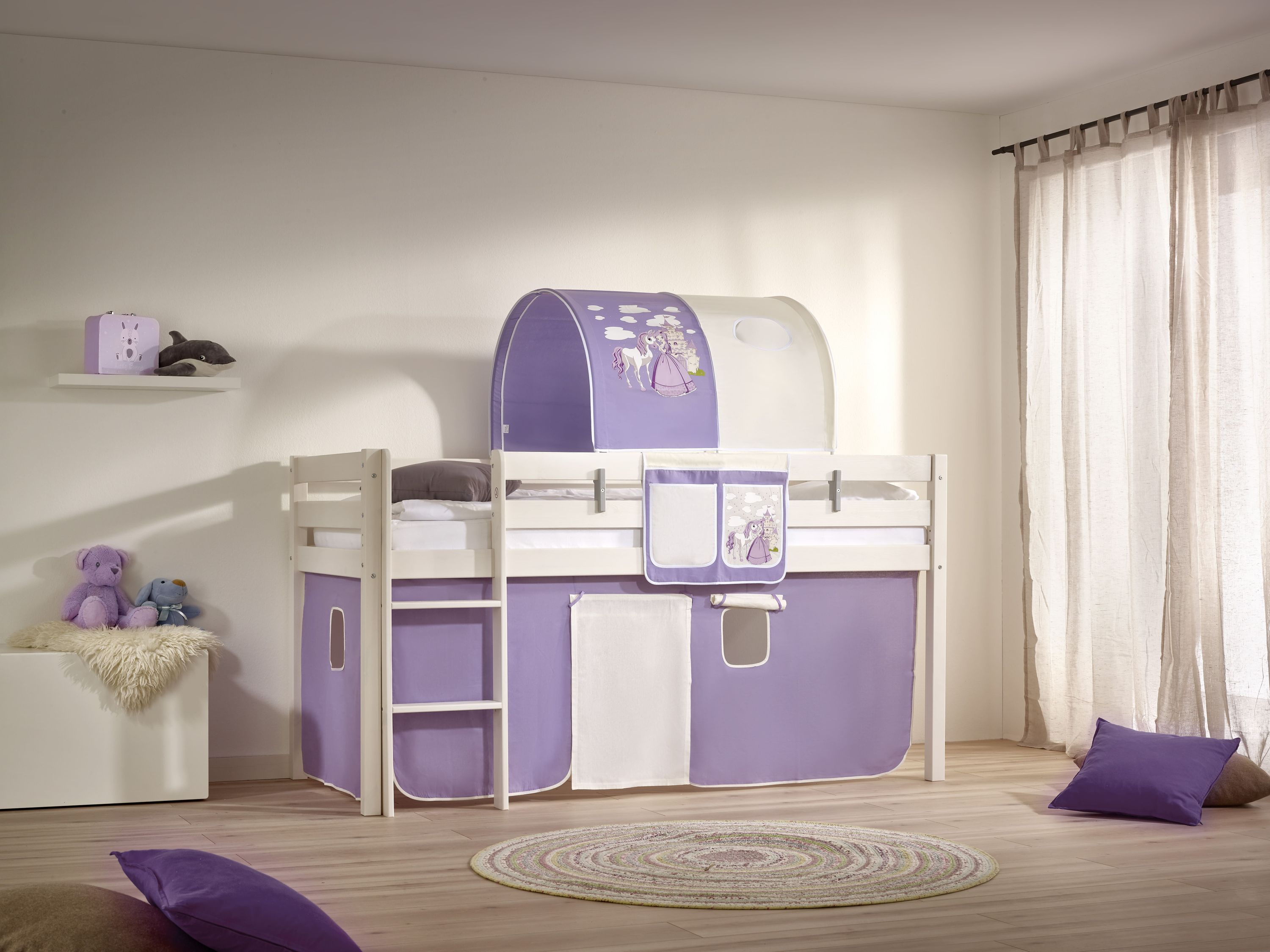 Bett-Tasche Prinzessin für Hoch- & Etagenbetten mit 2 Fächer 100% Baumwolle und bei 30° waschbar lila beige