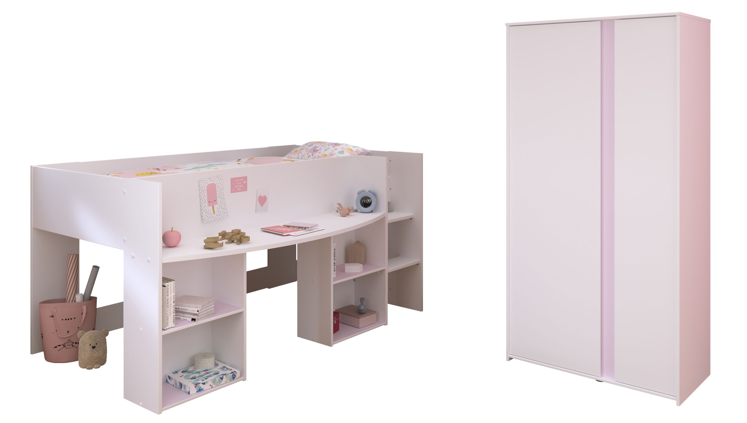 Kinderzimmer Pirouette 14 Parisot 2-tlg Hochbett 90*200 cm inkl. Schreibtisch + Kleiderschrank 2-trg weiß
