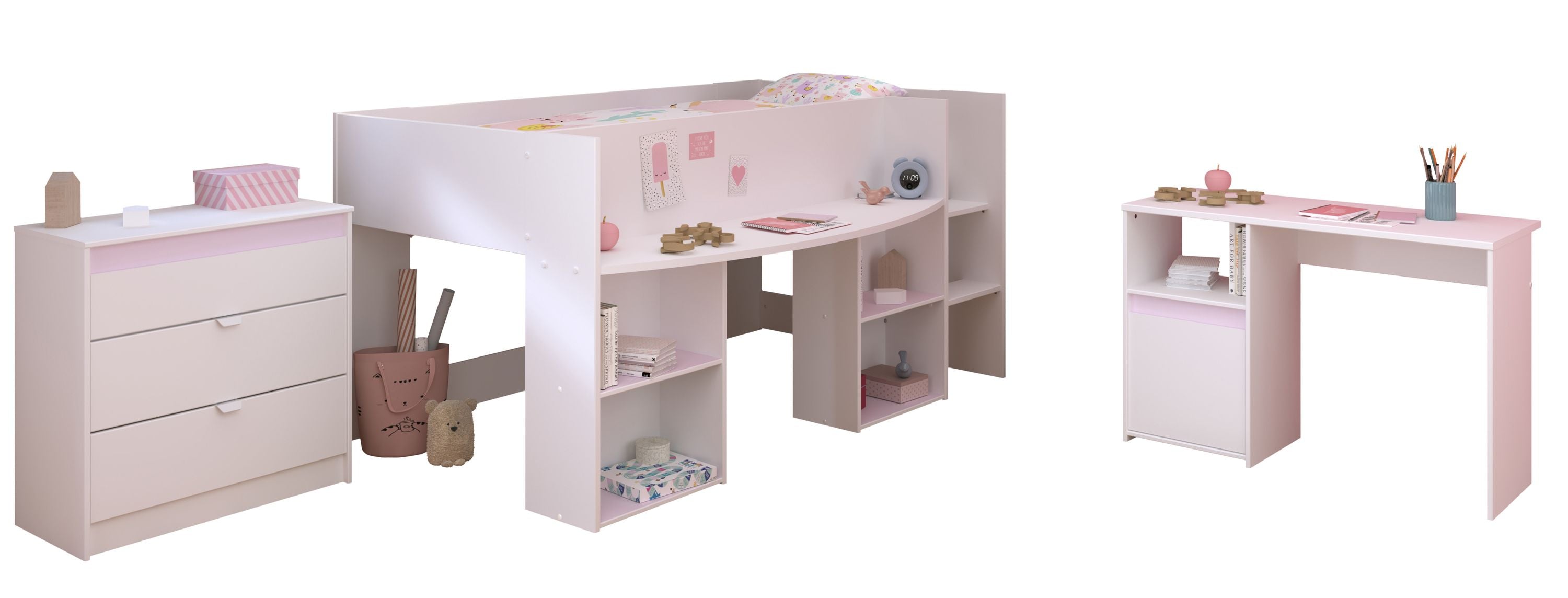 Kinderzimmer Pirouette 15 Parisot 3-tlg Hochbett 90*200 cm + Kommode + Schreibtisch weiß