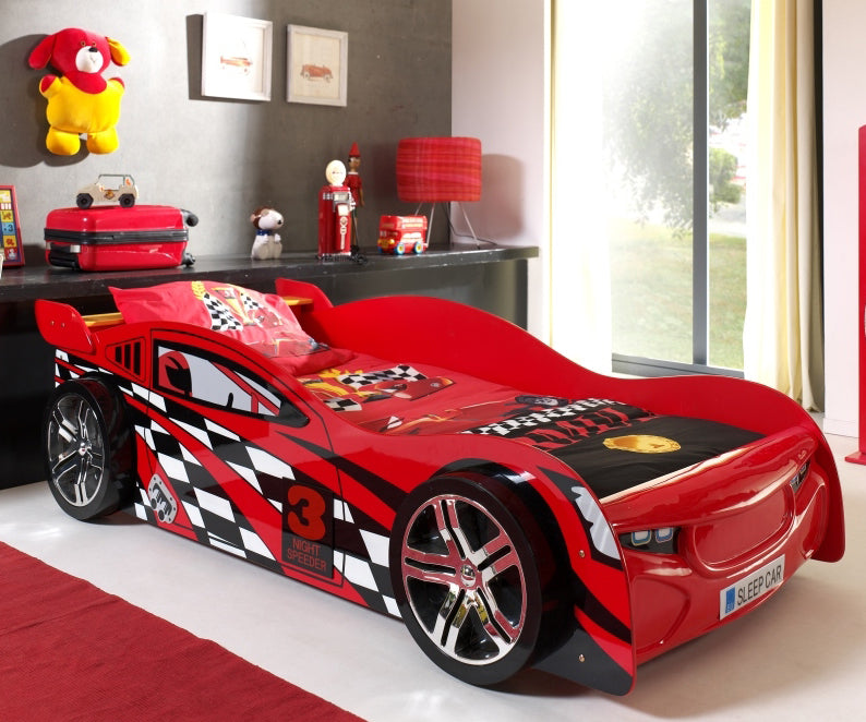 Autobett Lio inklusive Rolllattenrost + Front- und Heckspoiler rot glänzend lackiert 90*200 cm