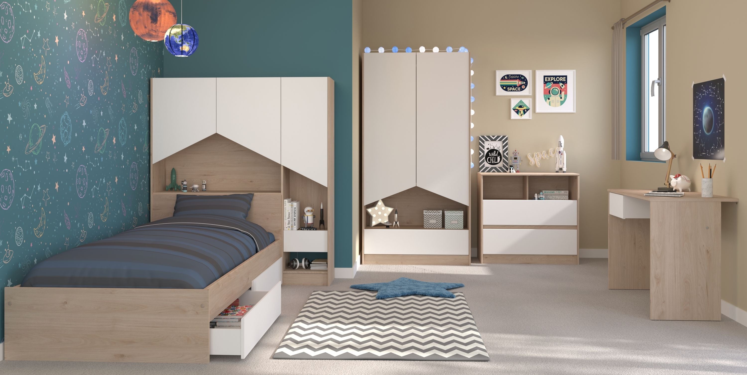 Kinderzimmer Shelter 1 & 2 Bett + Anstellregal + Kommode + Kleiderschrank + optional Schreibtisch