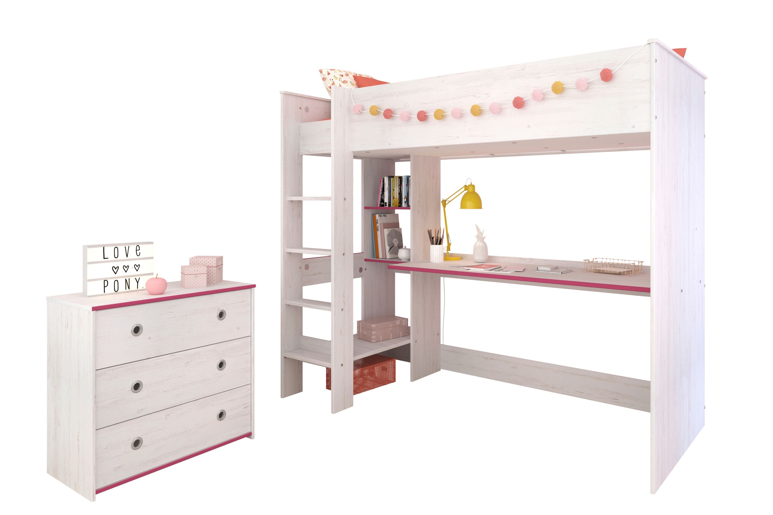 Kinderzimmer Smoozy 29 Parisot 2-teilig weiß - pink - blau Bett + Kommode + Schreibtisch