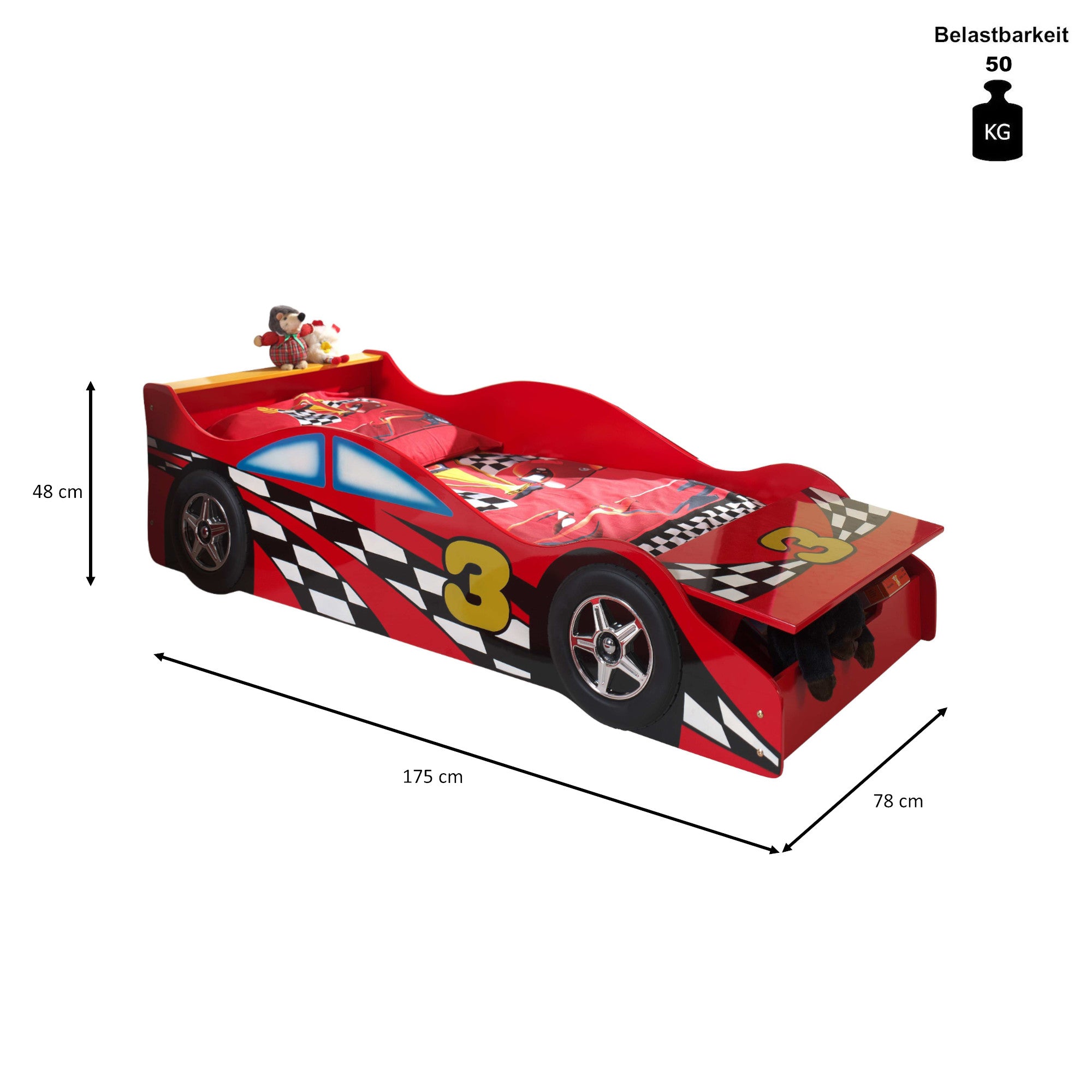 Autobett Emilio Vipack inkl. Lattenrost aus hochwertigem MDF Holz Rennwagen-Design rot in 70*140 cm