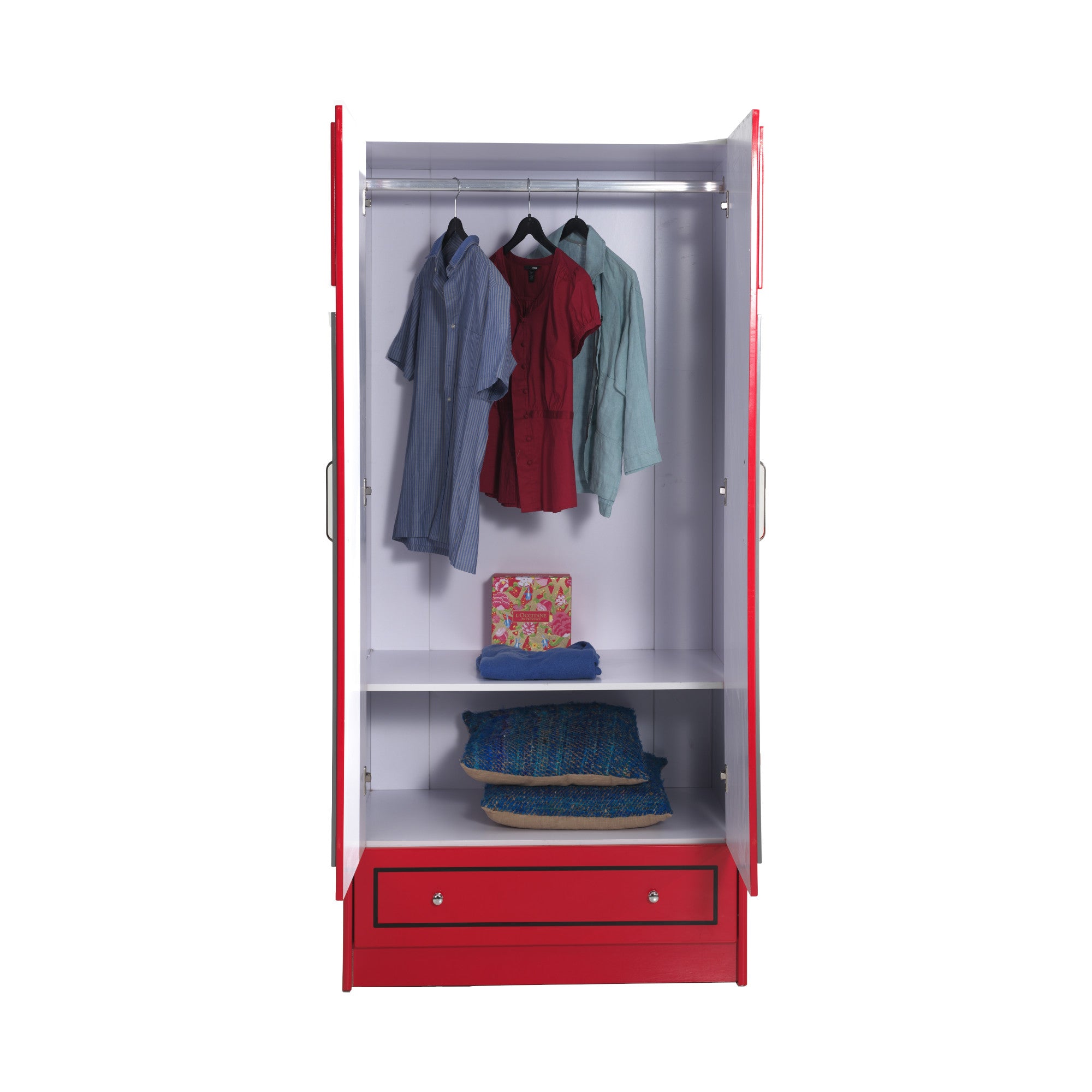 Kleiderschrank Dusty Vipack 2-trg. inkl Kleiderstange + Einlegeboden + Schublade aus MDF Holz rot