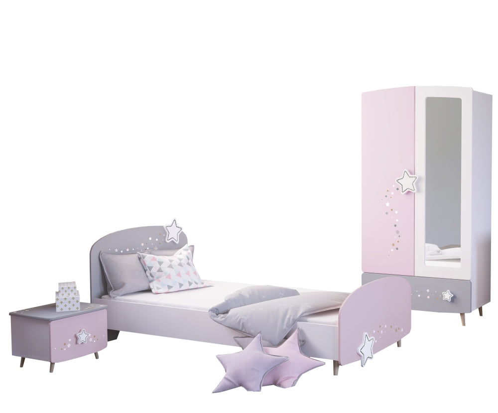 Kinderzimmer Sternschnuppe 3-tlg rosa weiß grau Kinderbett + Nachttisch + Kommode oder Schrank