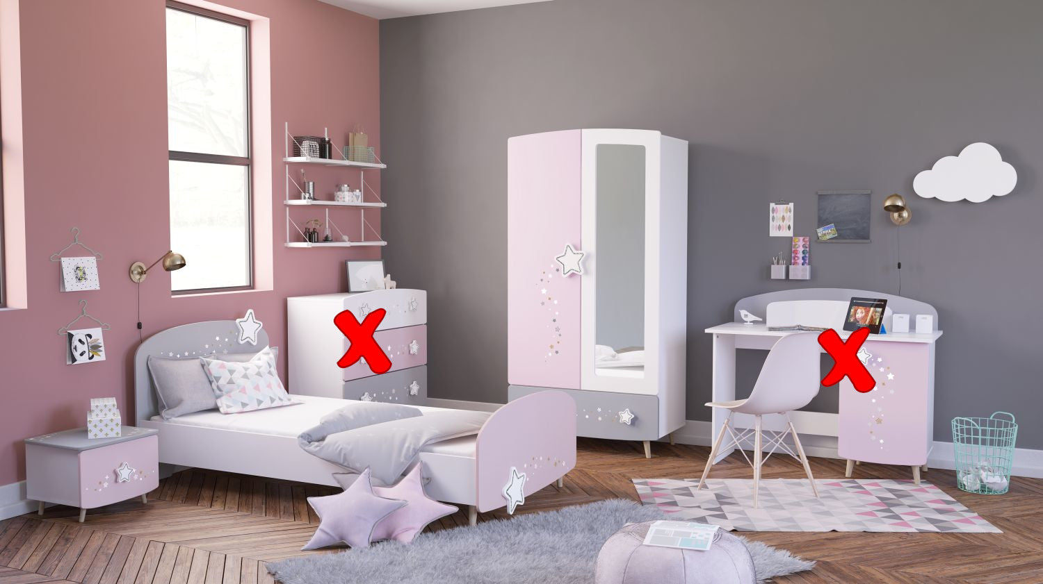 Kinderzimmer Sternschnuppe 3-tlg rosa weiß grau Kinderbett + Nachttisch + Kommode oder Schrank