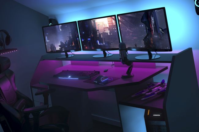 Schreibtisch Gamer Set up 180 x 90 cm ABS-Kante LED Beleuchtung Parisot grau - schwarz