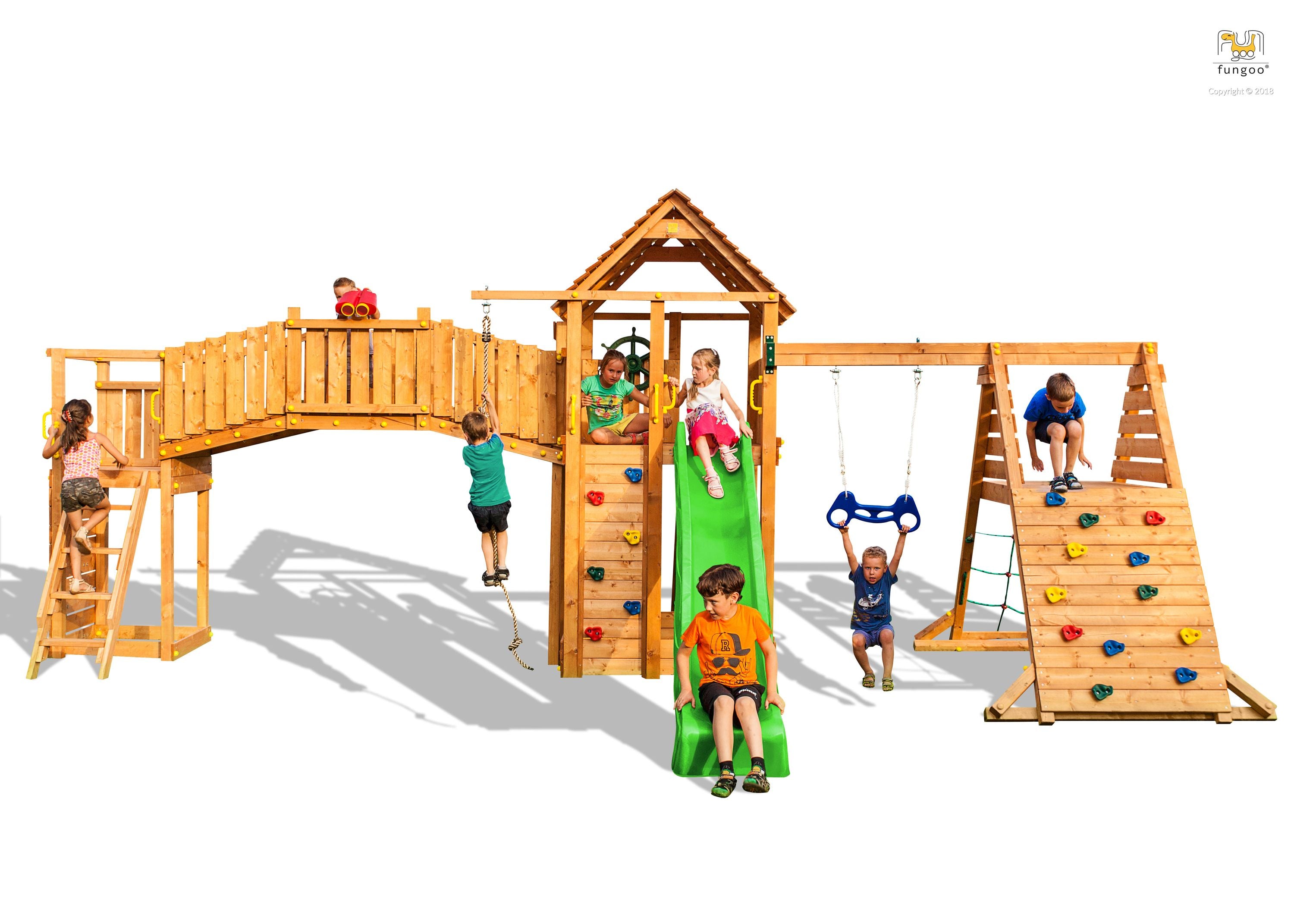 Spielturm Fungoo Maxi Set Fun Gym inkl. Rutsche, Schaukel, Kletterwände und Brücke