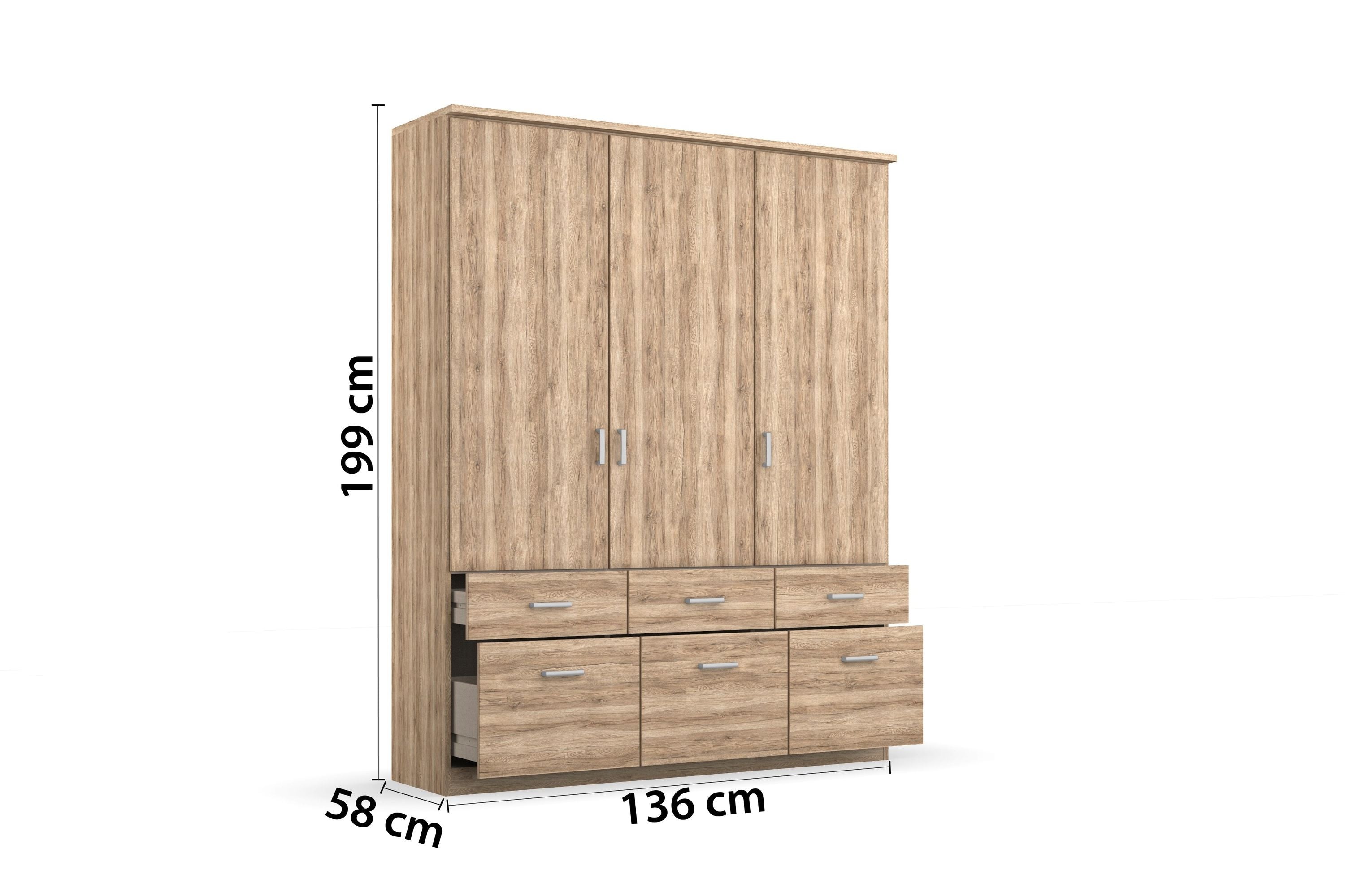 Kleiderschrank Dilan 3-trg + 6 Schubladen (3 kleine + 3 große) braun B 136 cm - H 199 cm - T 58 cm