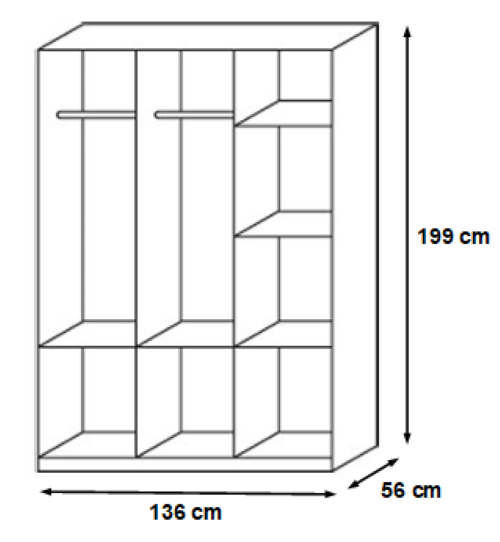 Kleiderschrank Ryan 3-trg + 6 Schubladen weiß B 136 cm - H 199 cm - T 56 cm