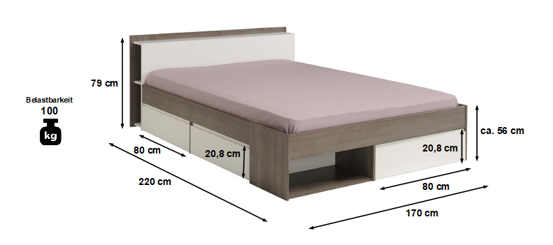Funktionsbett Most Parisot 160*200 cm + 3 Bettkästen + Kopfteil-Regal + Fächer Eiche-Silber - Weiß