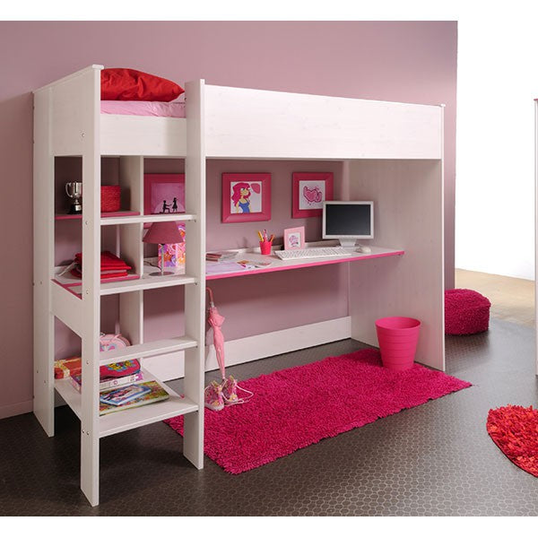 Hochbett Smoozy 3 Parisot weiß inkl. Schreibtisch + Leiter 90*200 cm weiß drehbare Kanten in pink blau