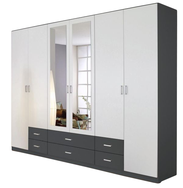 Kleiderschrank Ina 6-trg mit 2 Spiegelfront grau - weiß B 271 cm - H 210 cm - T 54 cm