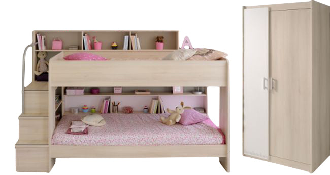 Kinderzimmer Bibop 42 Parisot Bett + Lattenrostplatten + 2-trg Kleiderschrank + Regale + Podest-Leiter