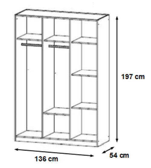 Kleiderschrank Caro 3-trg mit 1 Spiegelfront weiß B 136 cm - H 197 cm - T 54 cm