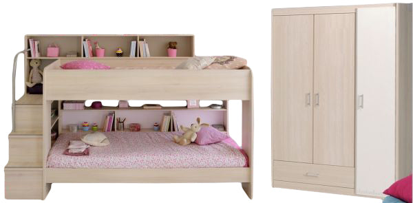 Kinderzimmer Bibop 44 Parisot Bett + Lattenrostplatten + Kleiderschrank + Regale + Podest-Leiter beige