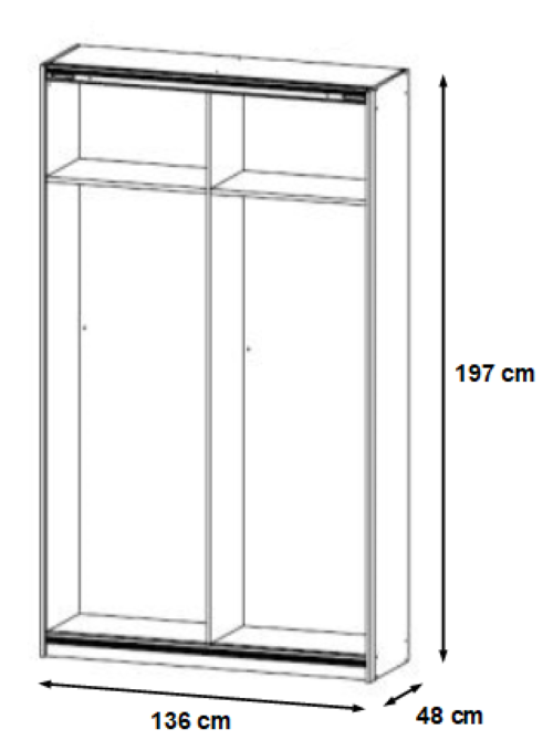 Schwebetürenschrank Hannah 2-trg mit 1 Spiegelfront weiß B 136 cm - H 197 cm - T 48 cm