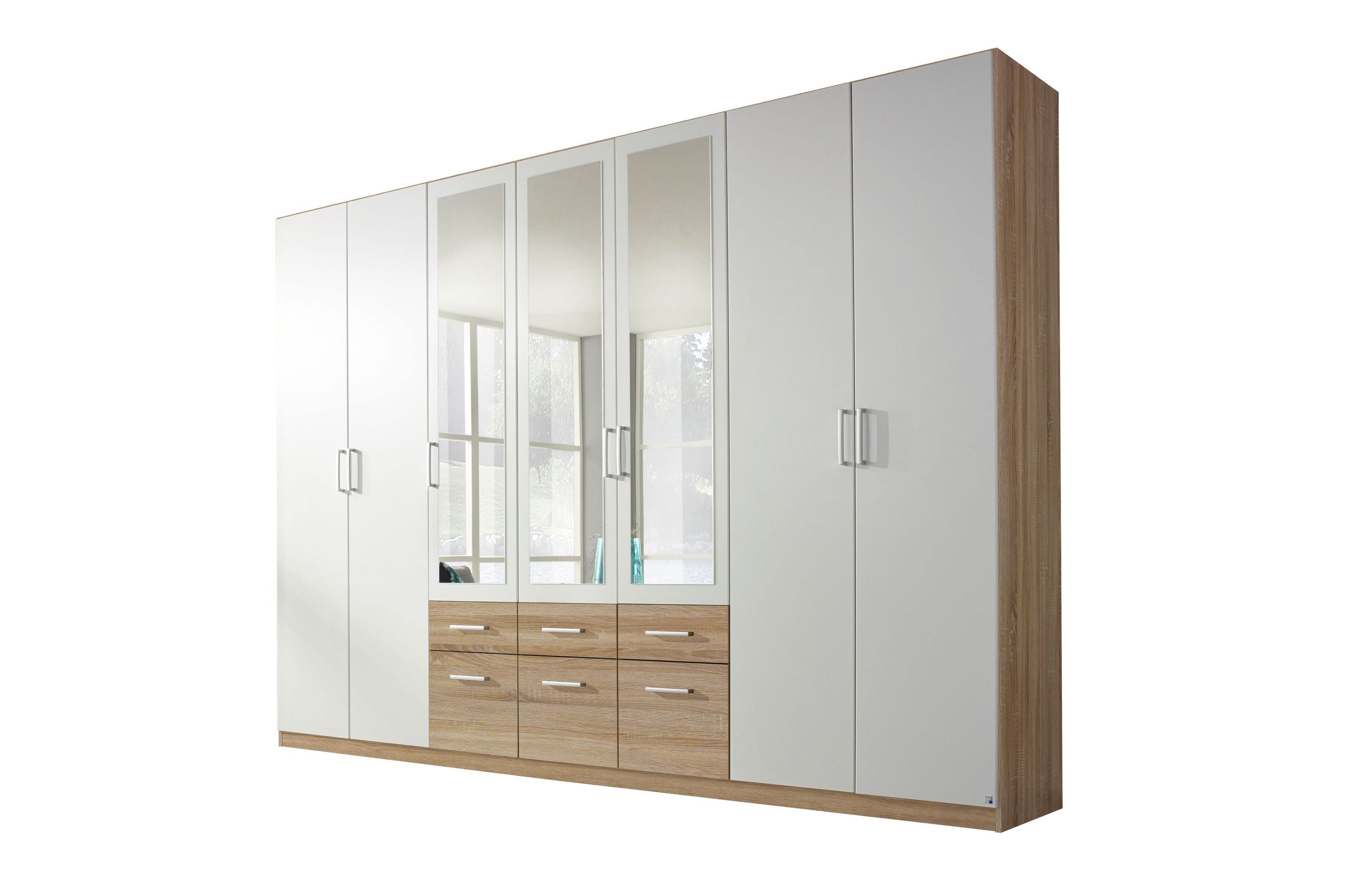 Kleiderschrank Silas 7-trg mit 3 Spiegel + 6 Schubladen weiß - sonoma Eiche B 315 cm - H 229 cm