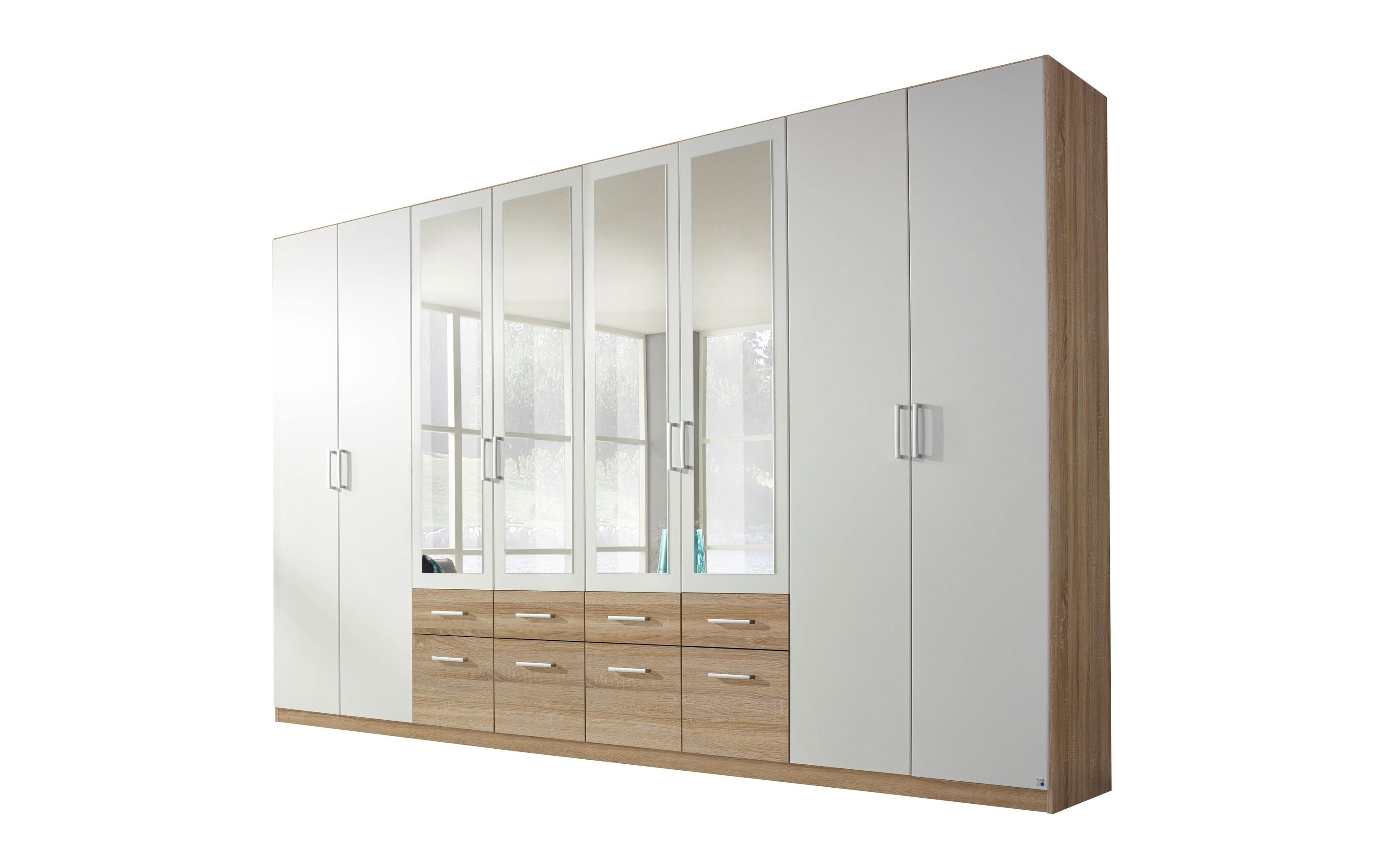 Kleiderschrank Silas beige 8-trg mit 4 Spiegeltüren und 8 Schubladen B 360 cm - H 229 cm weiß