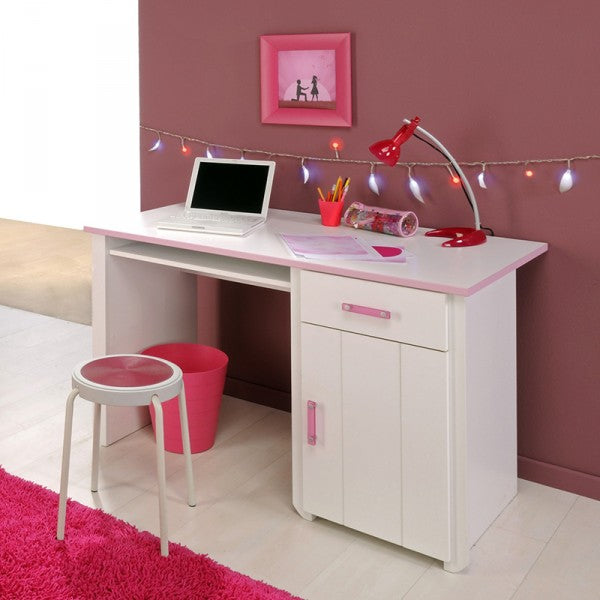 Schreibtisch Biotiful 8 Parisot 122 x 65 cm 1 große Tür + 1 Schublade + 1 großes offenes Fach weiß - rosa