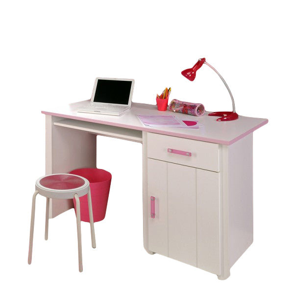 Schreibtisch Biotiful 122 x 65 cm 1 große Tür + 1 Schublade + 1 großes offenes Fach weiß - rosa