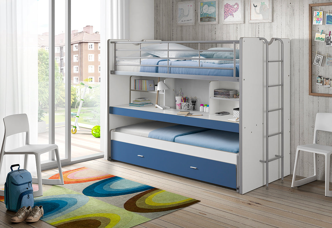 Etagenbett Eva 3er Bett mit ausziehbarer Schreibplatte + Bettkasten + 2 Lattenrostplatten weiß blau