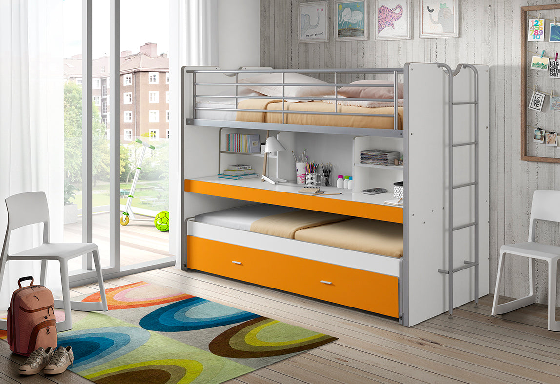 Etagenbett Eva 3er Bett mit ausziehbarer Schreibplatte + Bettkasten + Lattenrostplatten weiß orange