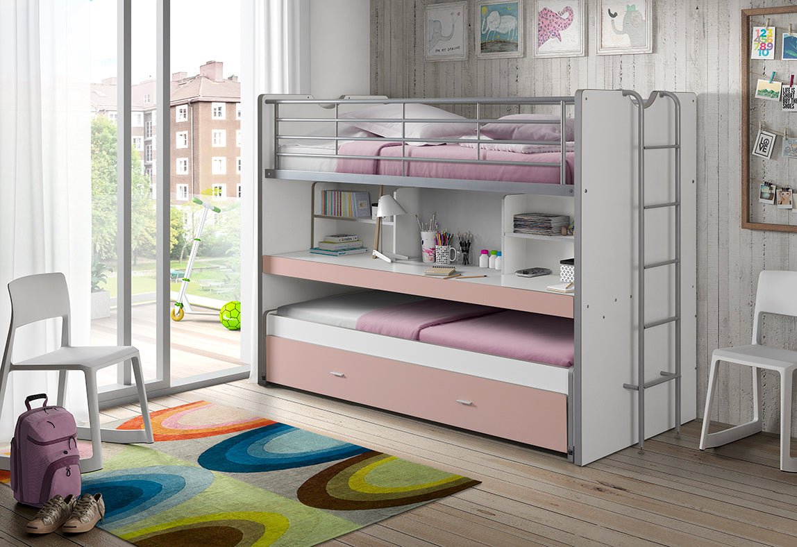Etagenbett Eva 3er Bett mit ausziehbarer Schreibplatte + Bettkasten + 2 Lattenrostplatten weiß rosa