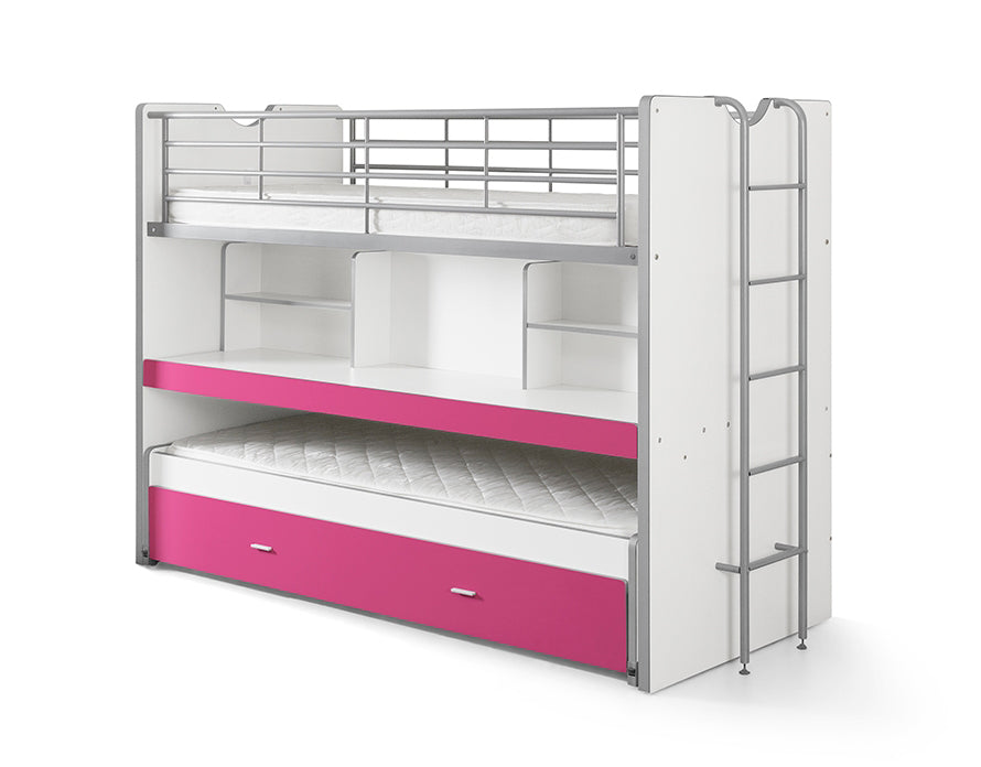 Etagenbett Eva 3er Bett mit ausziehbarer Schreibplatte + Bettkasten + 2 Lattenrostplatten weiß pink