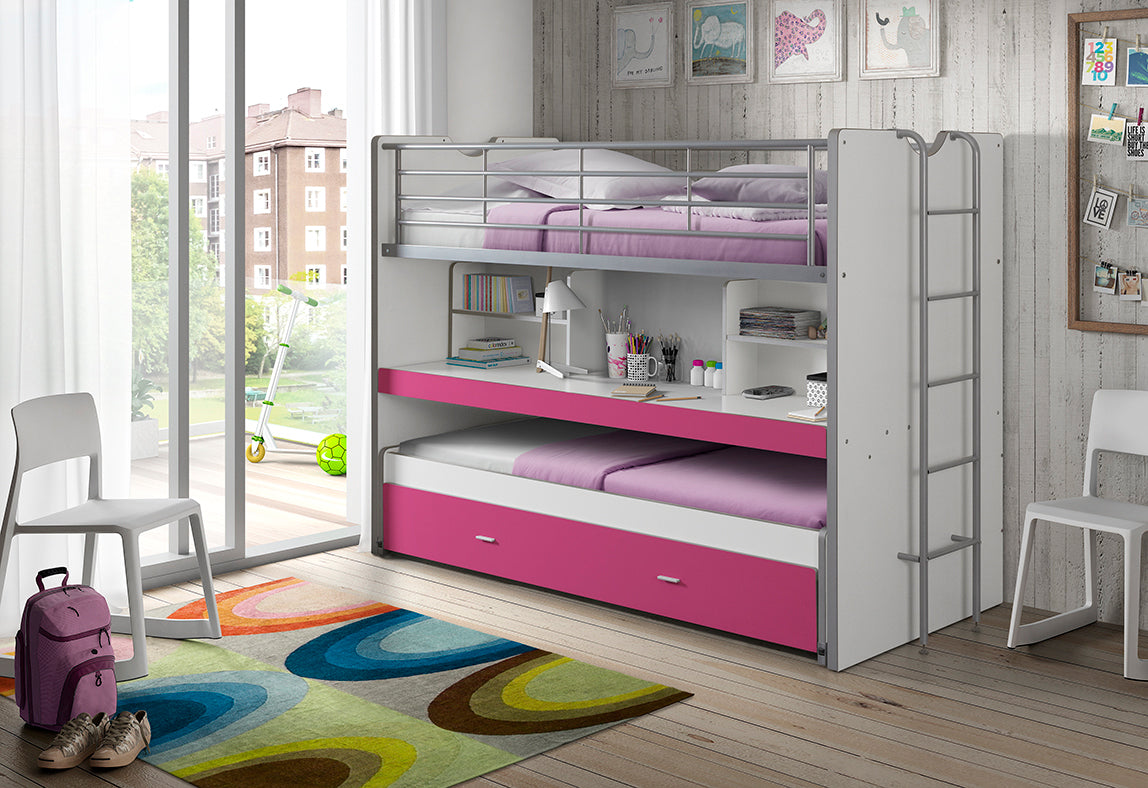 Etagenbett Eva 3er Bett mit ausziehbarer Schreibplatte + Bettkasten + 2 Lattenrostplatten weiß pink