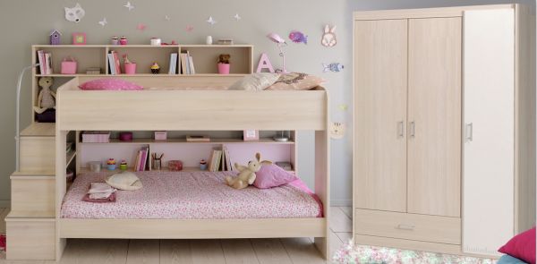 Kinderzimmer Bibop Parisot Bett + Lattenrostplatten + Kleiderschrank + Regale + Podest-Leiter beige