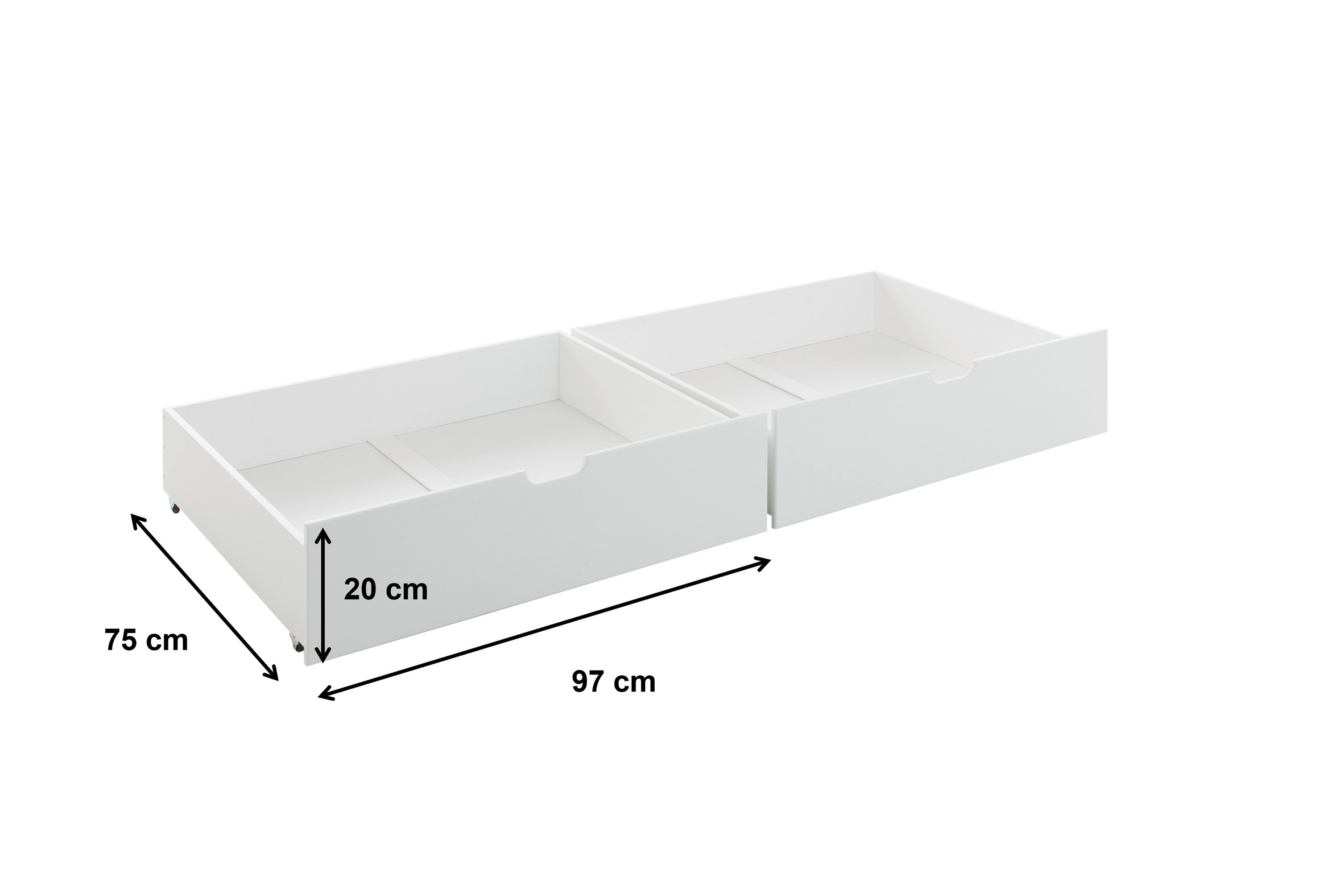2x Bettkasten Alain mit Bodenplatten Kiefer massiv weiß auf 4 Rollen B 97 - T 75 cm - H 20 cm
