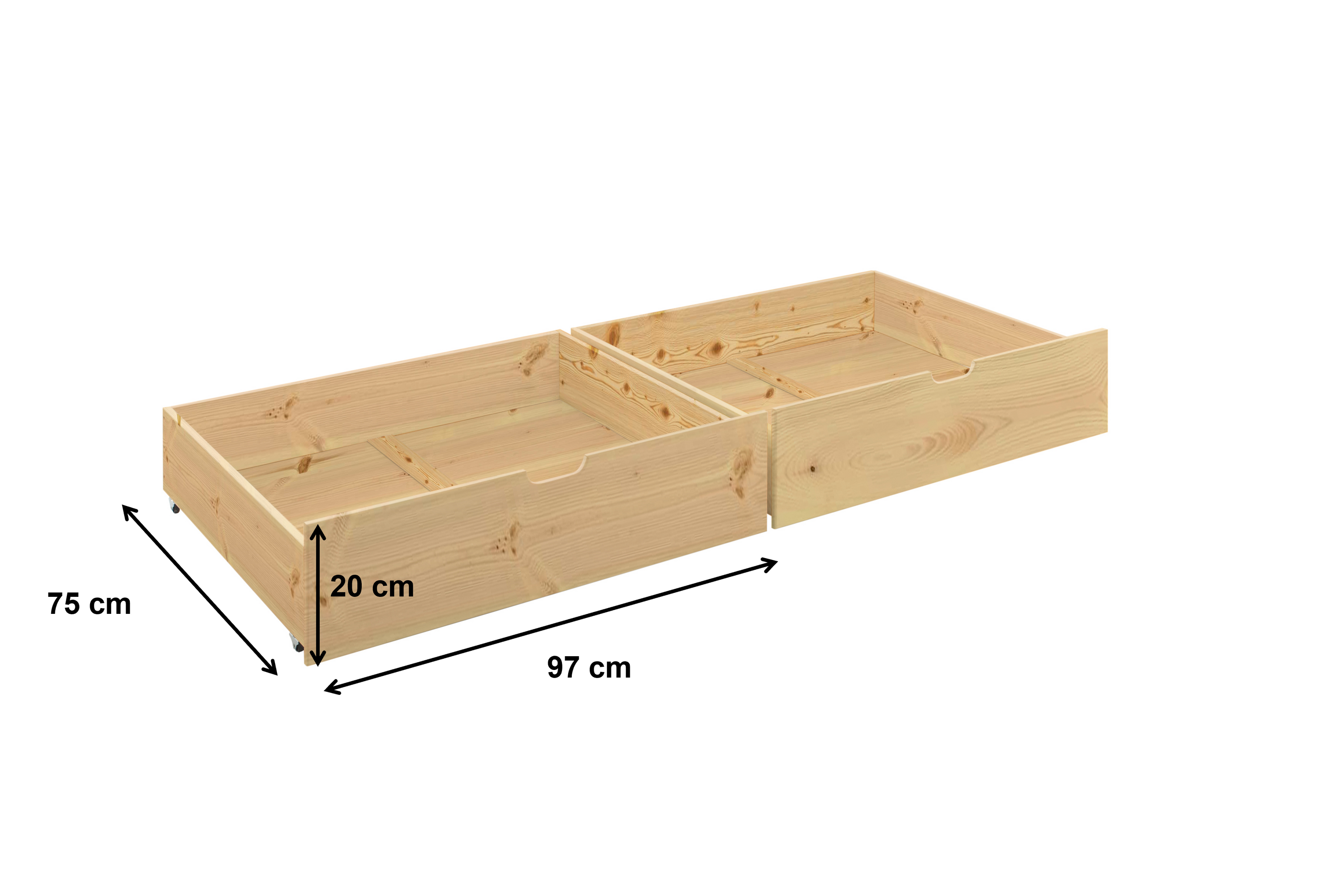 2x Bettkasten Alain mit Bodenplatten Kiefer massiv natur auf 4 Rollen B 97 - T 75 cm - H 20 cm