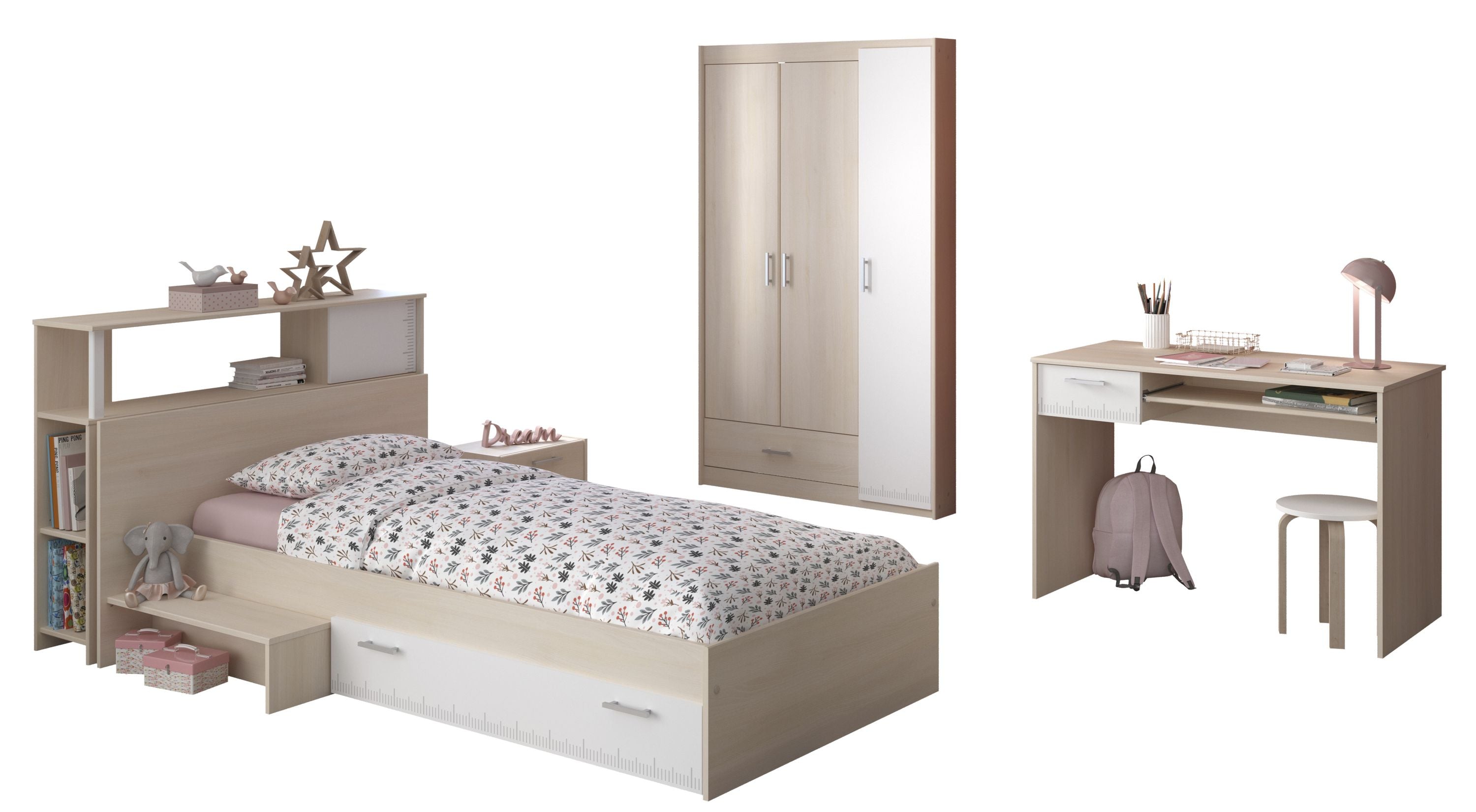 Kinderzimmer Charly 10 Parisot 4-teilig Bett 90*200 cm mit 3-trg. Kleiderschrank Akazie beige - weiß