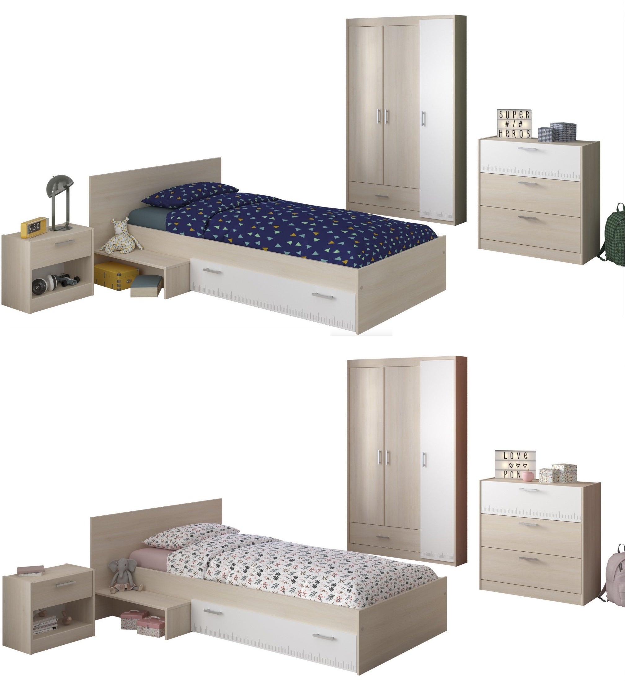 Kinderzimmer Charly 12 Parisot 4-tlg Bett 90*200 cm + Kleiderschrank 3-trg + Kommoden grau - weiß