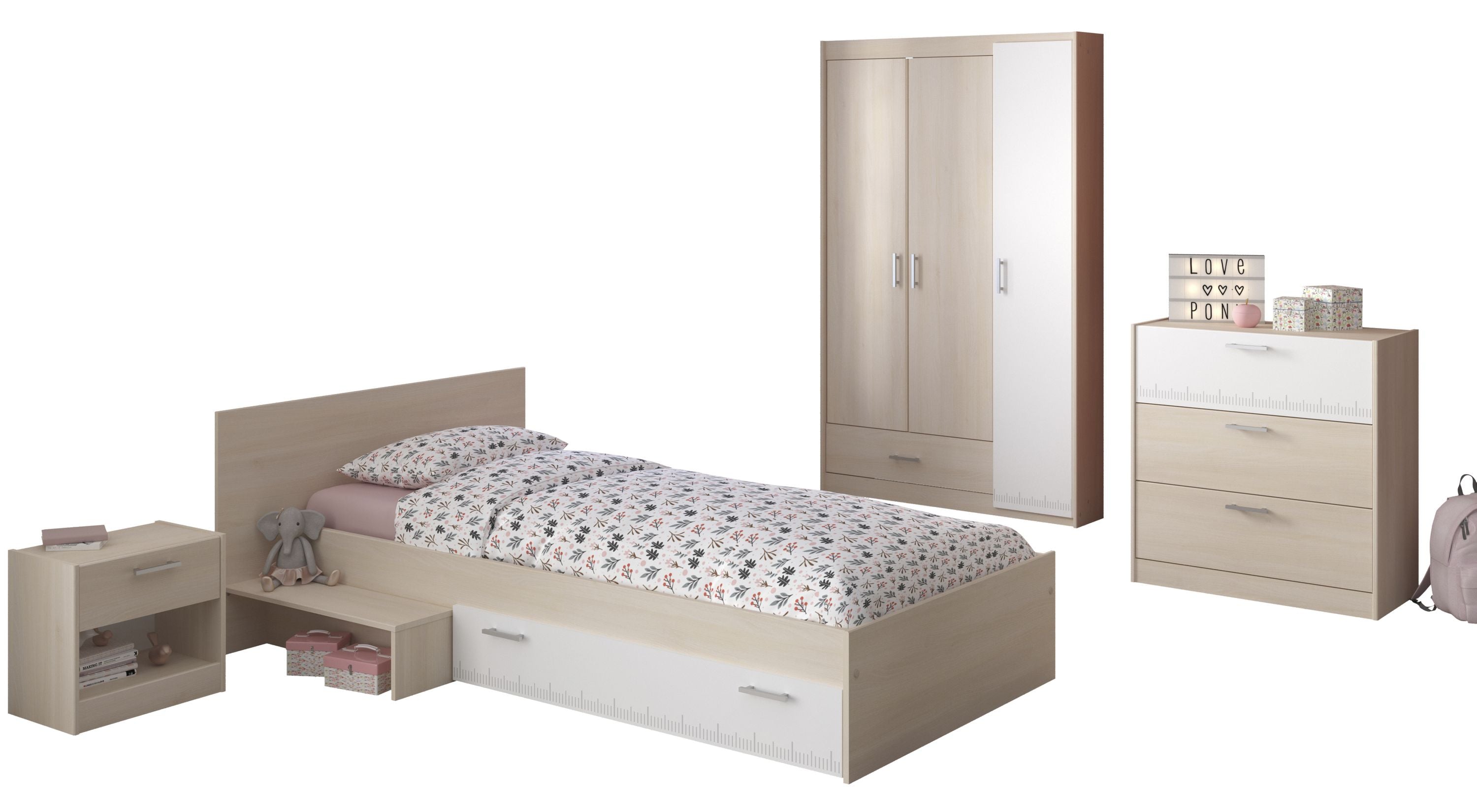Kinderzimmer Charly 12 Parisot 4-tlg Bett 90*200 cm + Kleiderschrank 3-trg + Kommoden grau - weiß