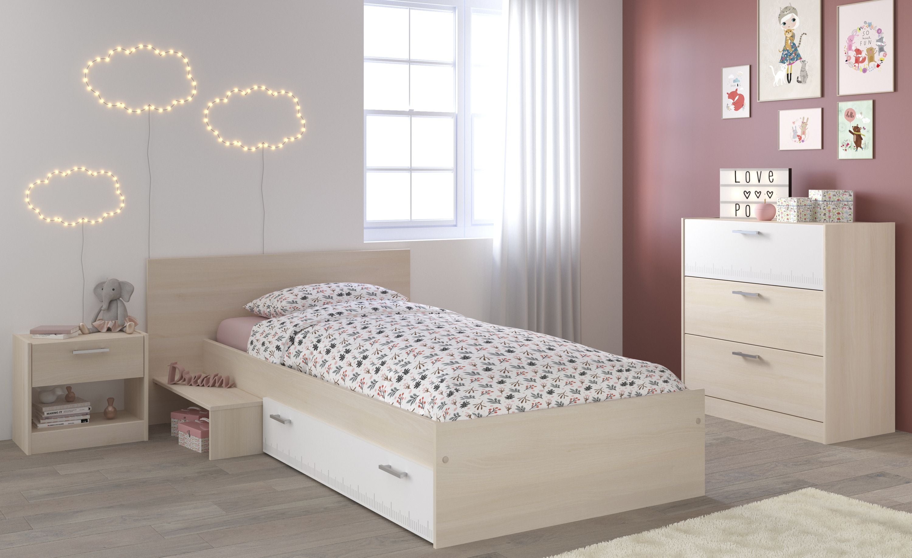 Kinderzimmer Charly 13 Parisot 3-tlg Bett 90*200 cm + Kommode + Nachtkommode beige - weiß