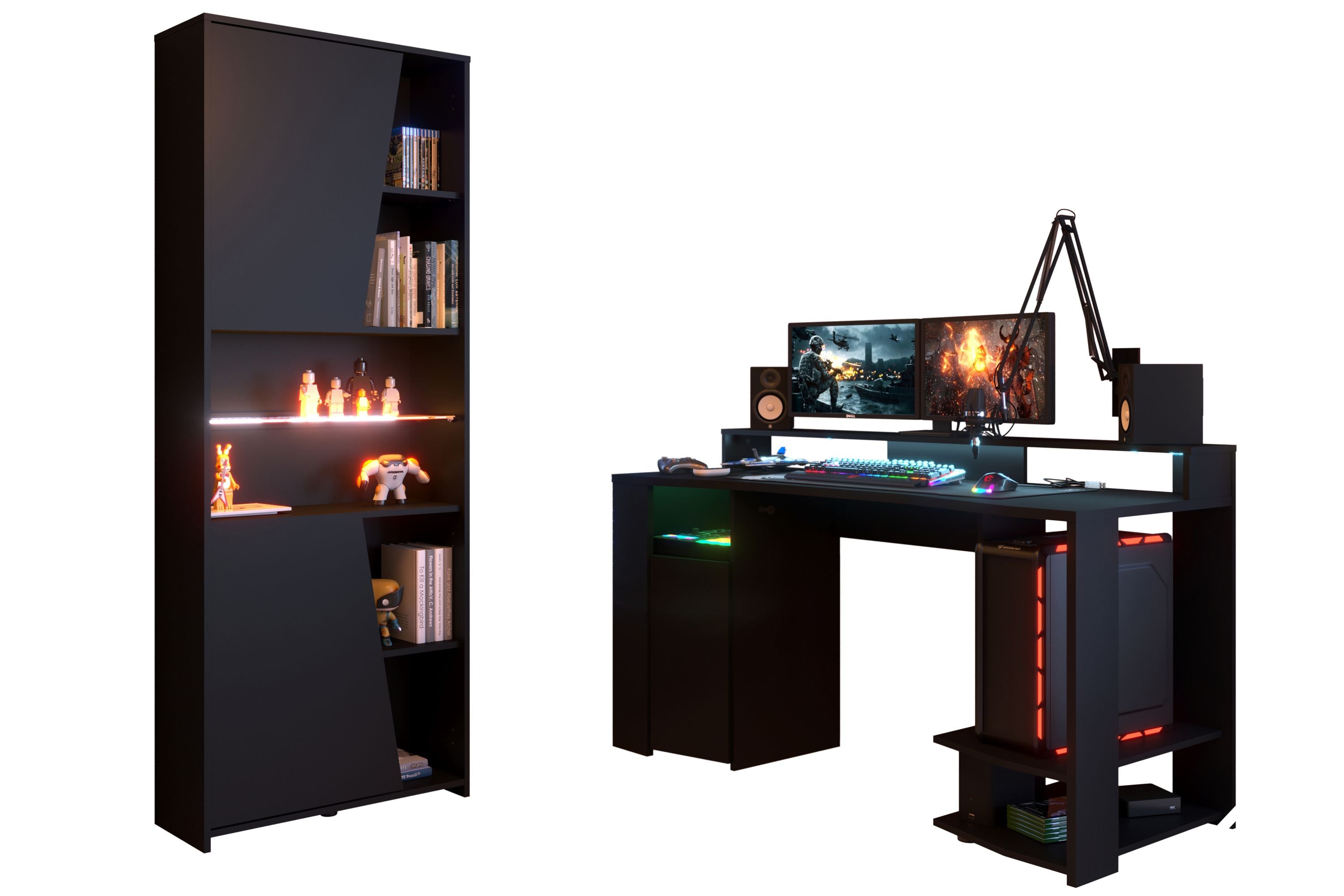 Gamer Set Gaming 2 Parisot 2-tlg. Schreibtisch 152 x 62 cm + Regal B 67cm schwarz LED Beleuchtung