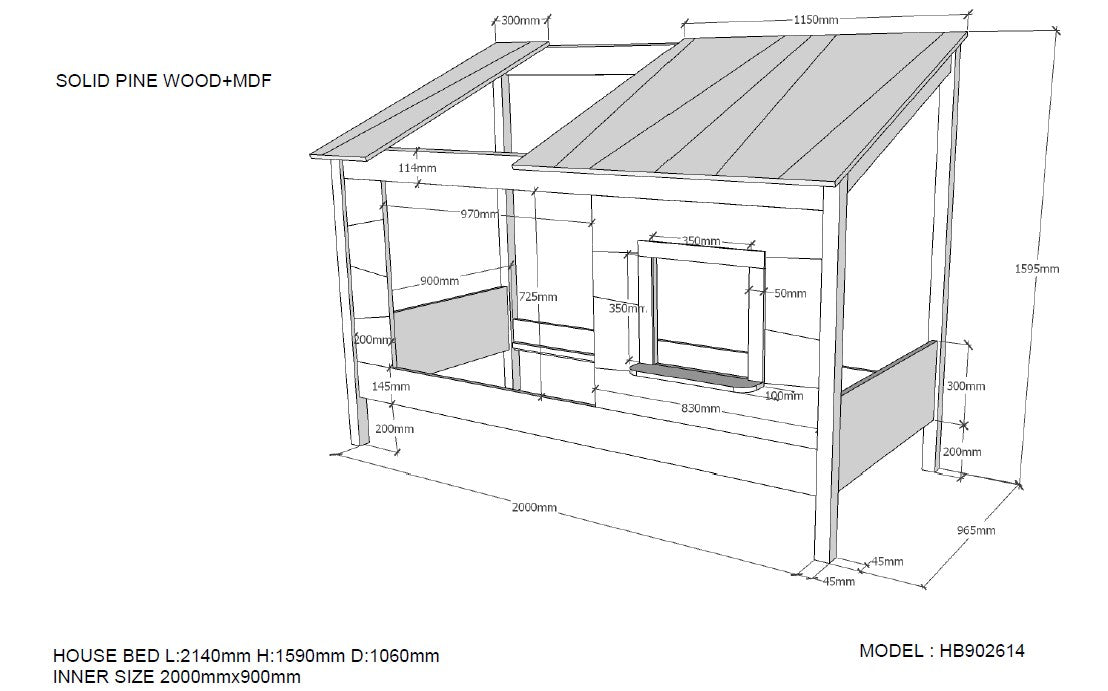 Hausbett Haven Vipack inkl. Dachüberbau in Baumhausoptik aus hochwertigem MDF Werkstoff in 90*200 cm