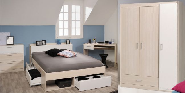 Jugendzimmer Most Parisot 4-tlg inkl. Kleiderschrank + Funktionsbett + Schreibtisch + Kommode Akazie