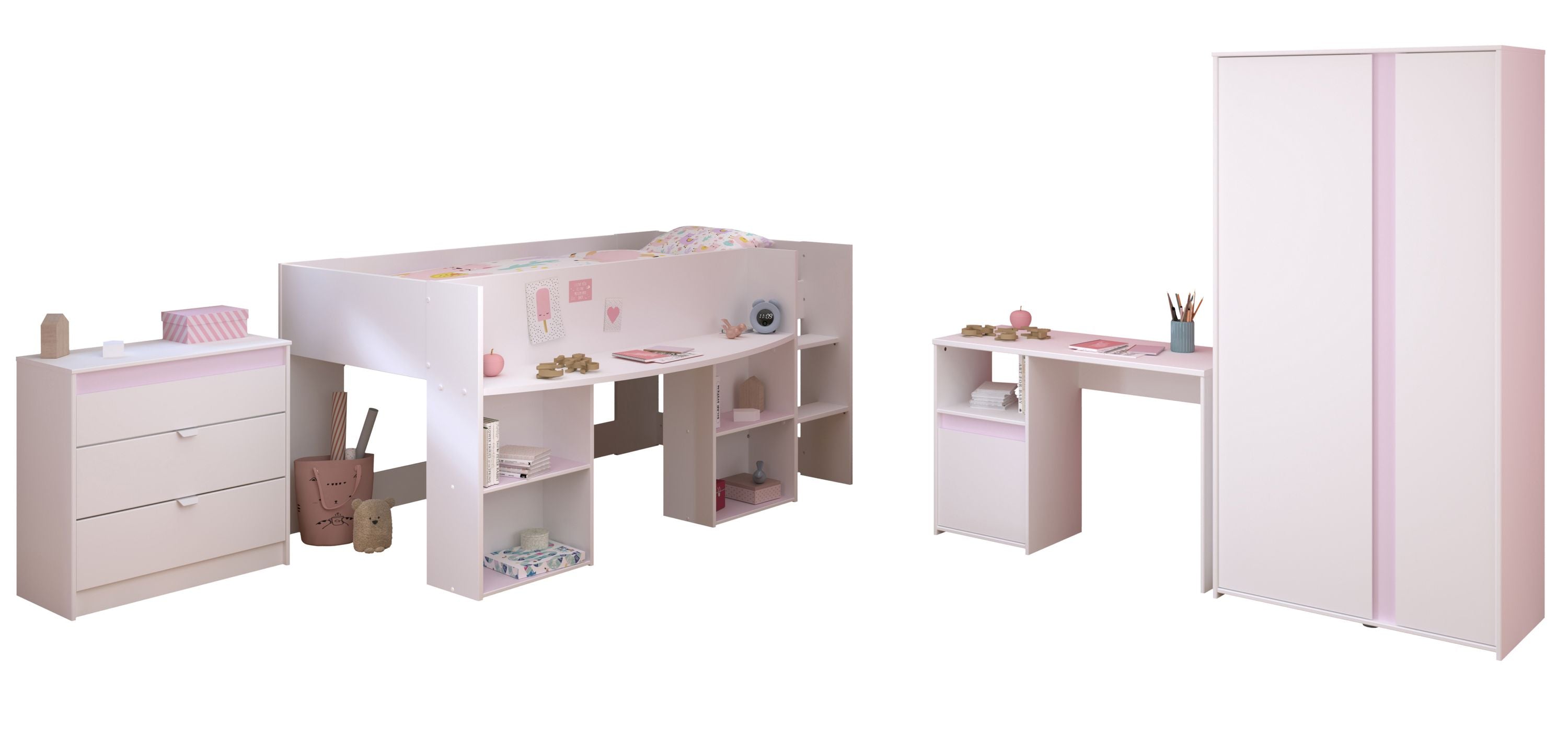 Kinderzimmer Pirouette 11 Parisot 4-tlg Hochbett 90*200 cm + Kleiderschrank 2-trg + Kommode + Schreibtisch weiß