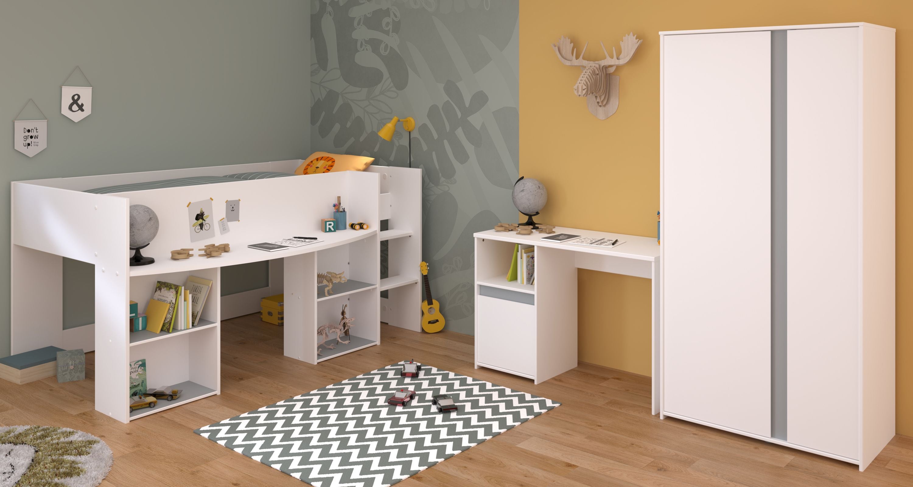 Kinderzimmer Pirouette 13 Parisot 3-tlg Hochbett 90*200 cm + Kleiderschrank + Schreibtisch weiß