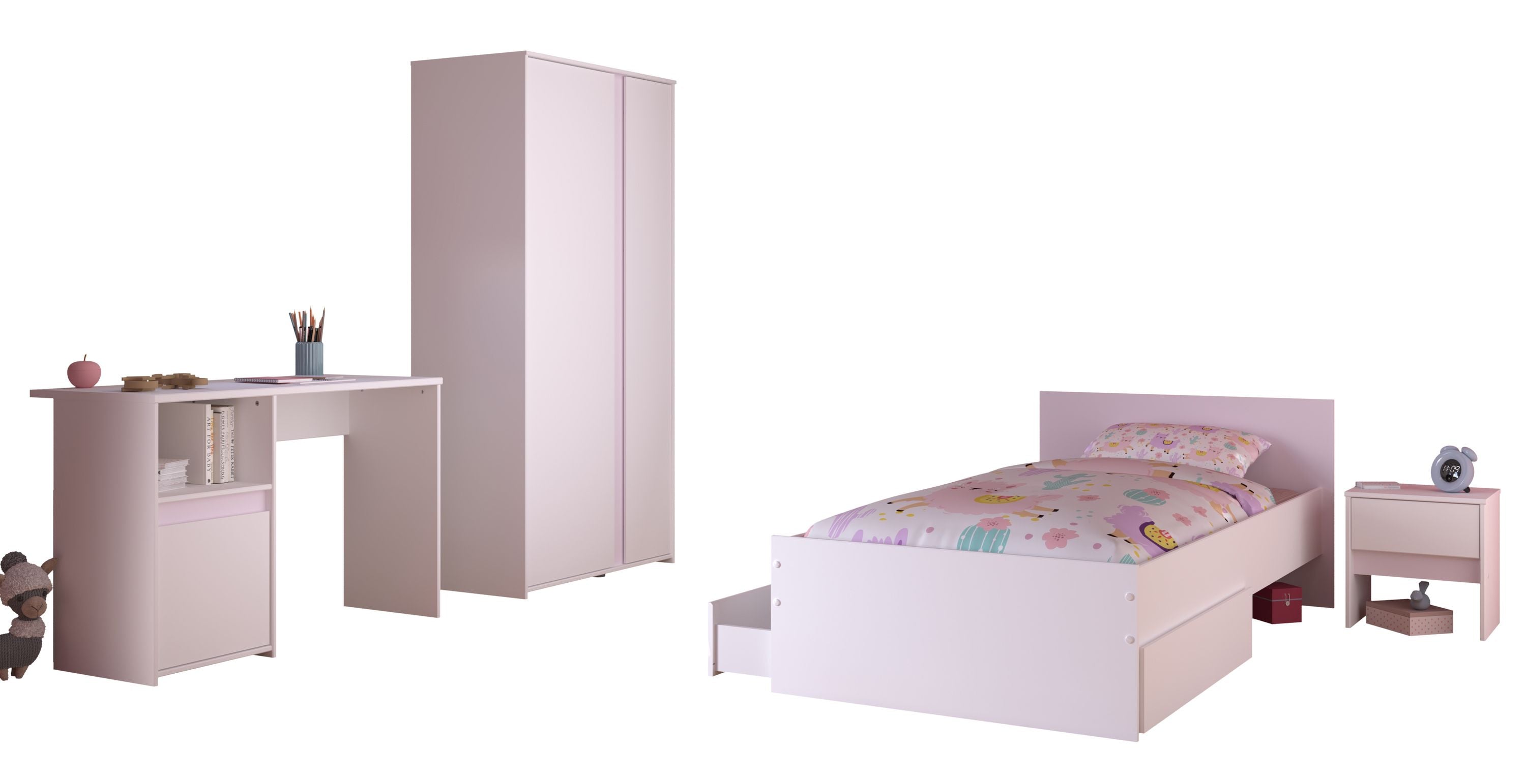 Jugendzimmer Pirouette 23 Parisot 4-tlg Bett 90*200 cm + Kleiderschrank + Nachtkommode + Schreibtisch weiß