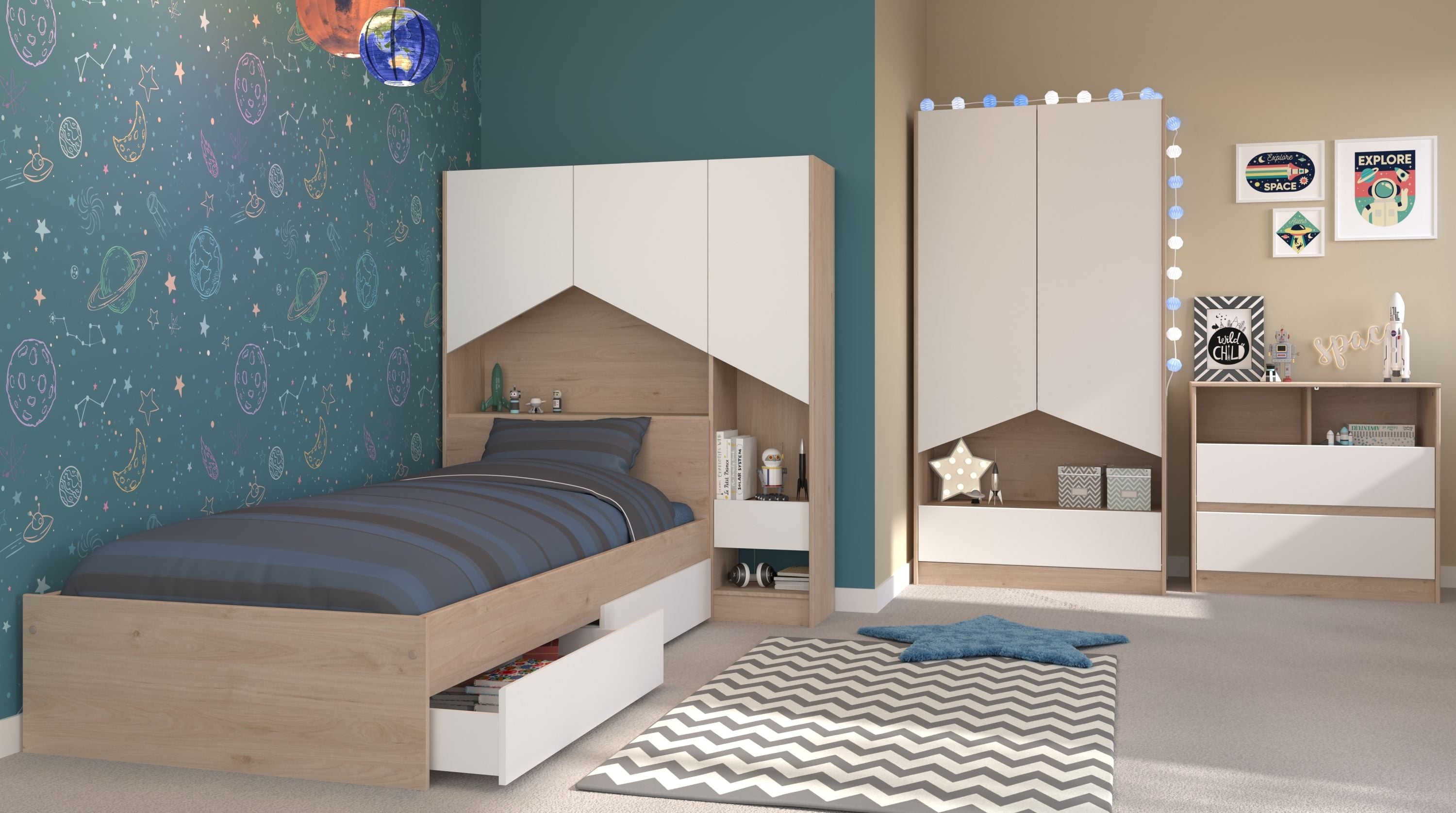 Kinderzimmer Shelter 1 & 2 Bett + Anstellregal + Kommode + Kleiderschrank + optional Schreibtisch