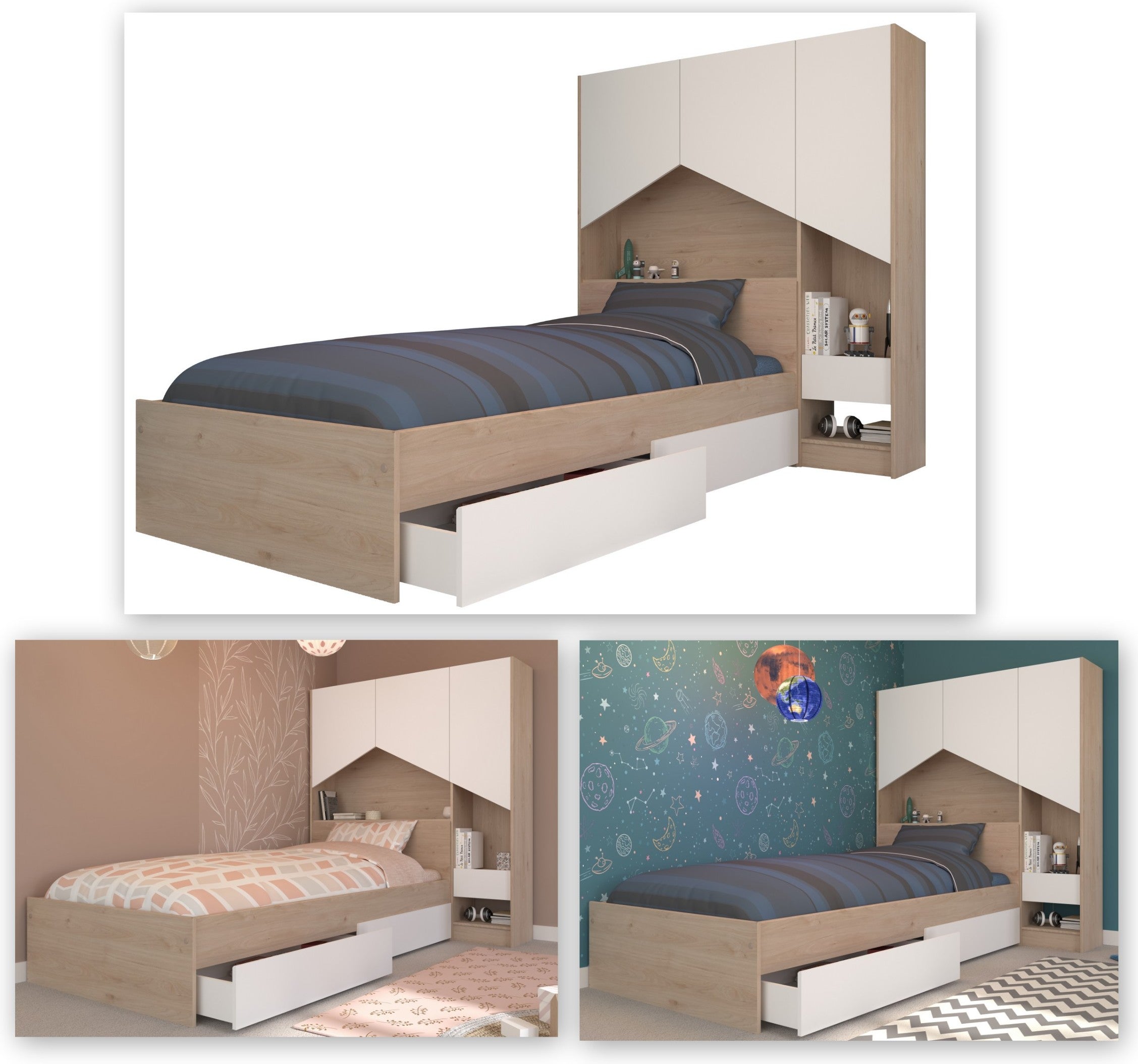 Kinderzimmer Shelter 8 Parisot 2-tlg. Bett 90*200 cm mit 2 Bettschubkästen + Anstellregal als Überbau