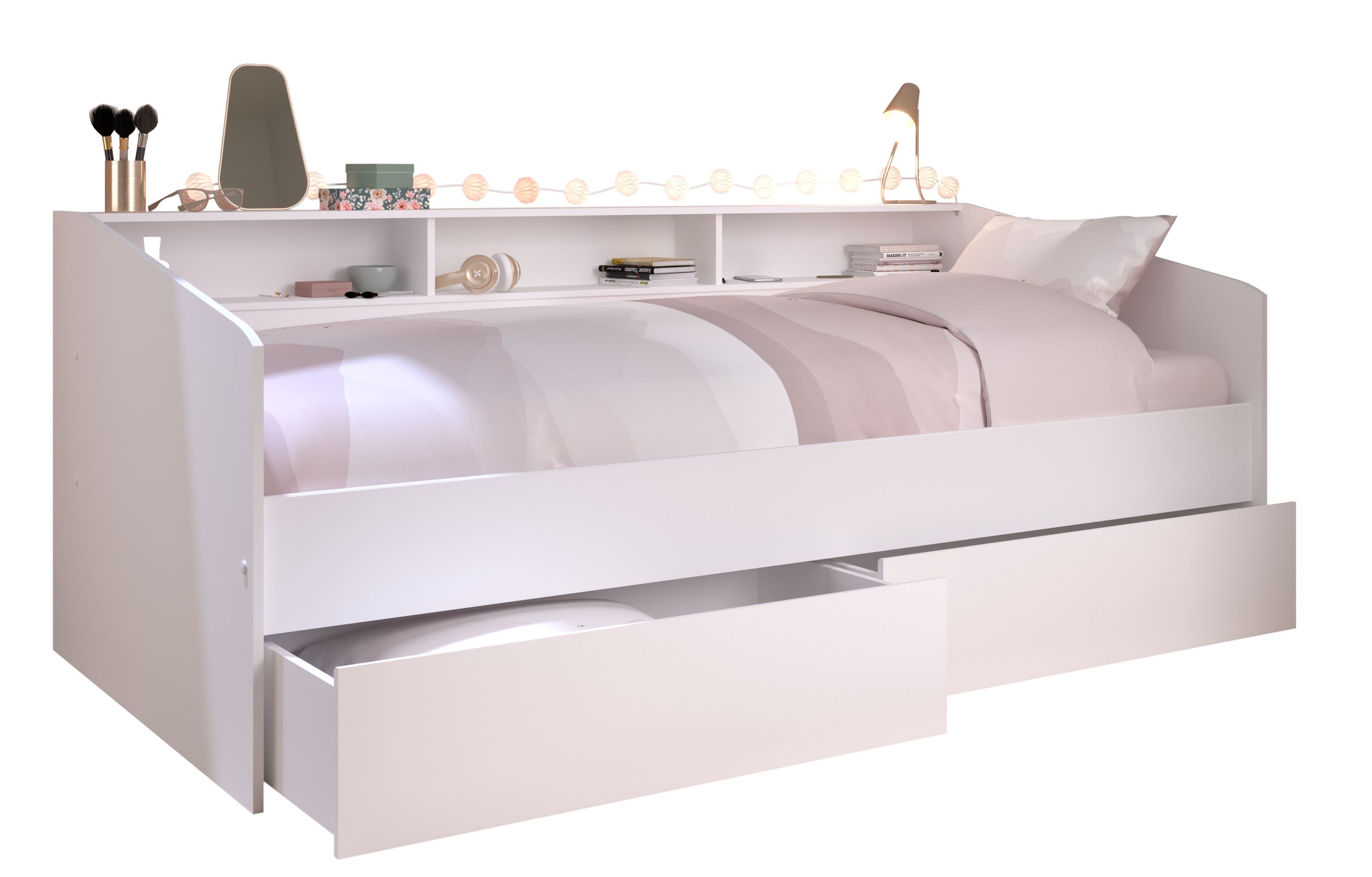 Funktionsbett Sleep Parisot inkl. 2 Bettschubkästen Regal Jugendbett Bettliege Bett weiß 90*200 cm